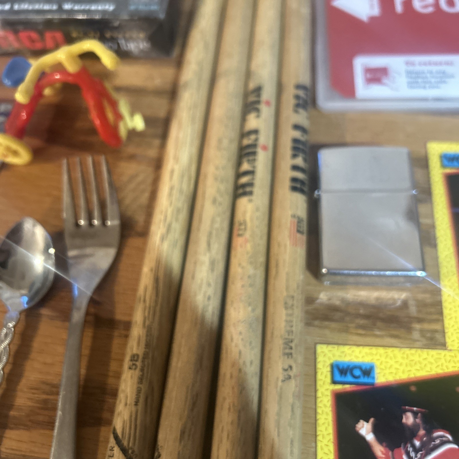 Vintage Junk Drawer Mixed Lot Stuff Zippo Wcw Drum Sticks VCR Cassette