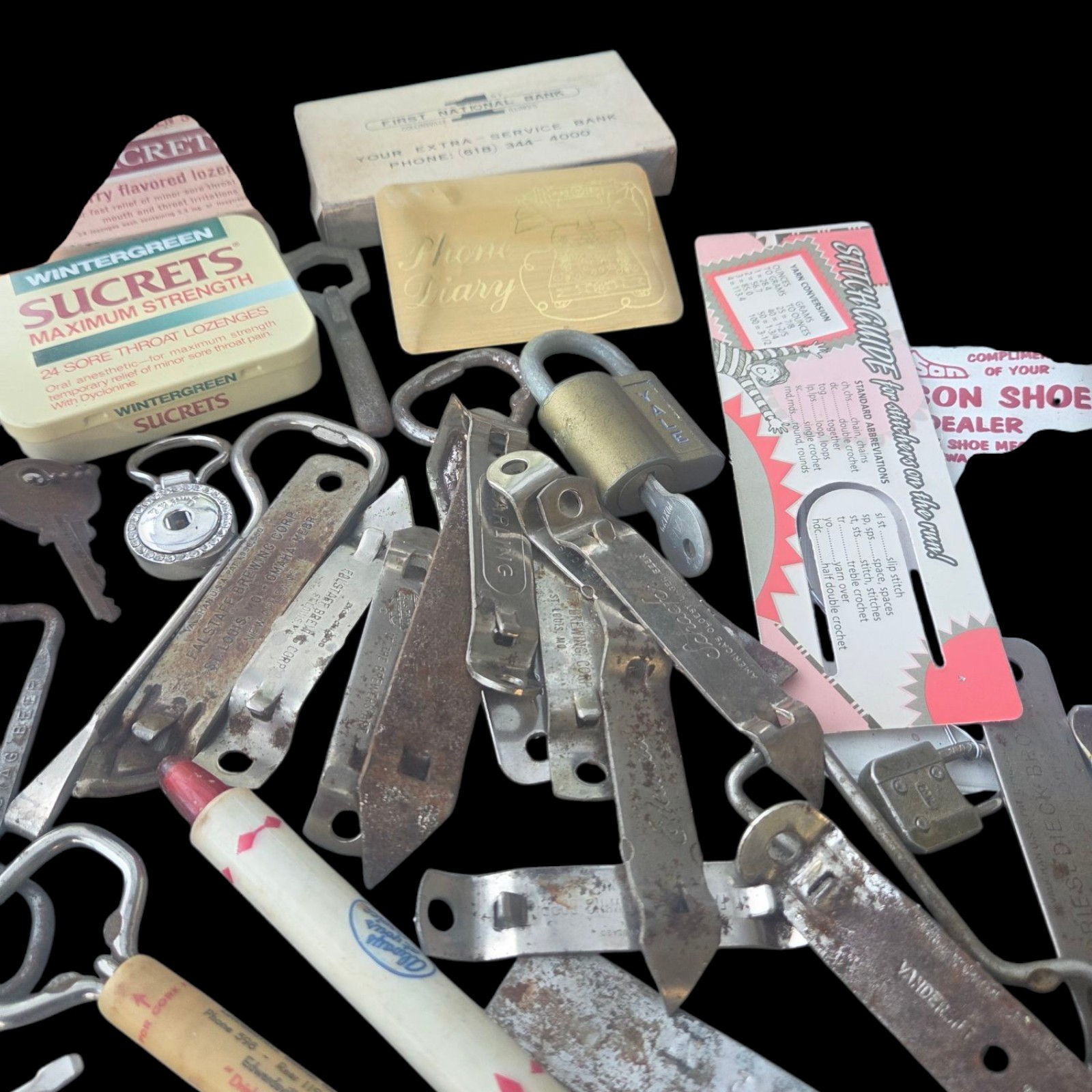 Vtg Junk Drawer Grandpas Desk Lot of Advertising Rulers Bottle Openers Keychains