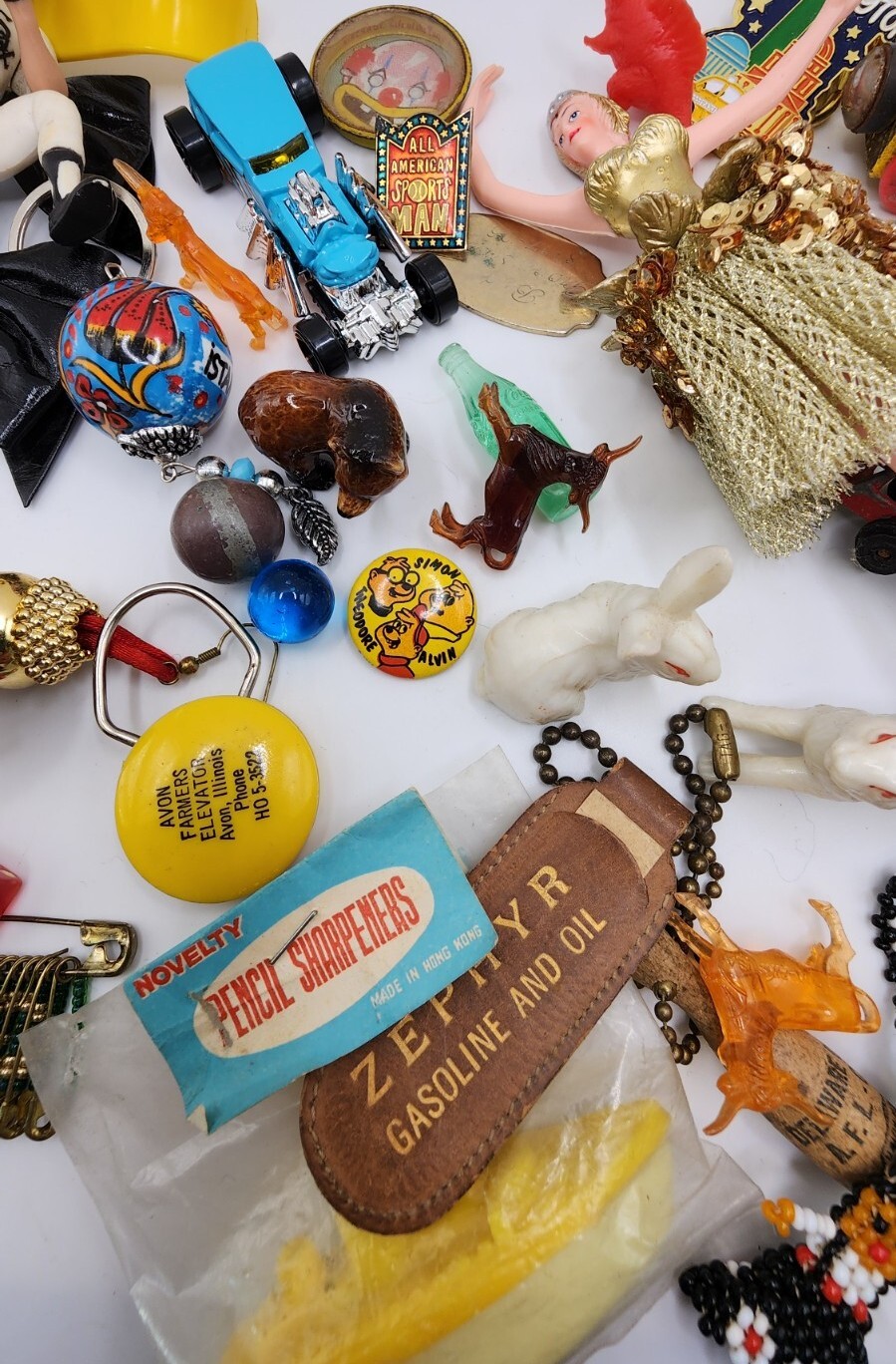 Vintage Antique Junk Drawer Lot Toys Keychain Pin Figurines Mixed Materials