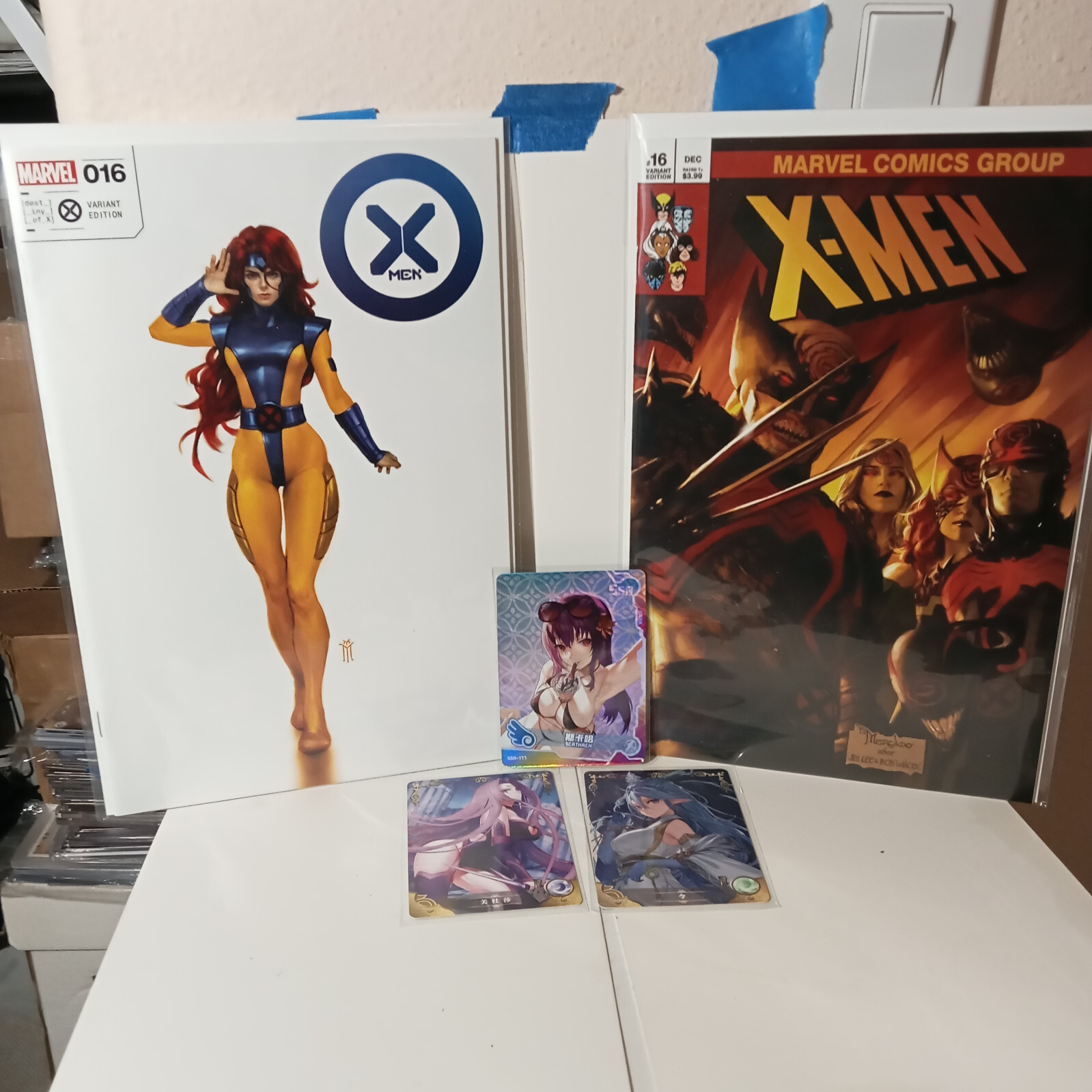 LOT OF 2 X-MEN MIGUEL MERCADO TRADE VARIANT COMICS + 3 GODDESS STORY HOLO CARDS