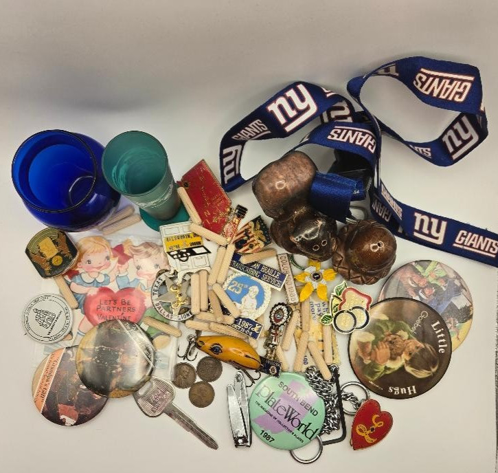 vintage estate junk drawer lot coins salt & pepper shaker cobalt blue lapel pins