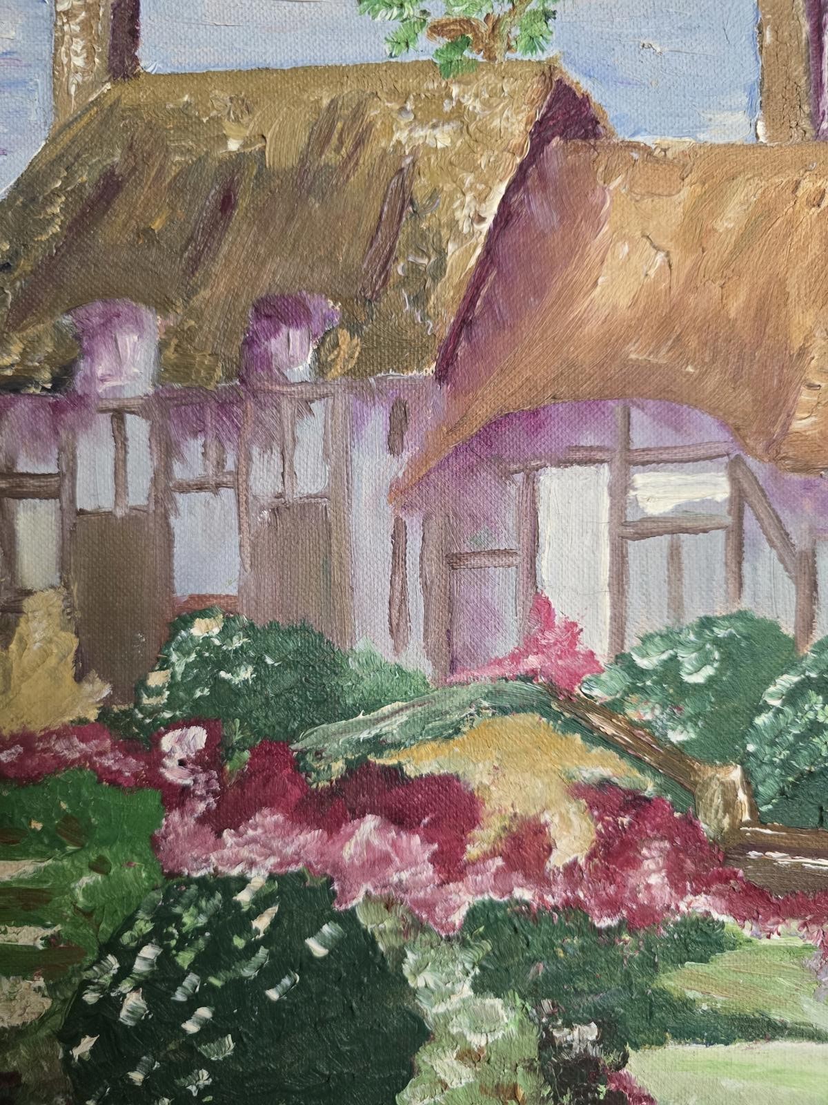 Mid Century Oil Painting Cottage Landscape Vintage Frame