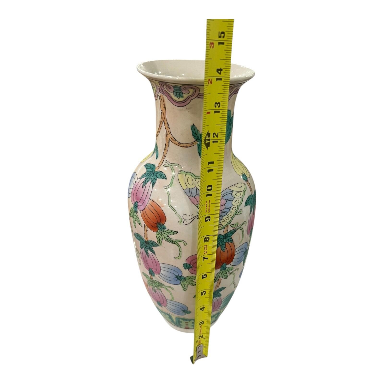 Vintage Chinoiserie Ceramic Butterfly Vase Handmade 14×6 Blue White Decor