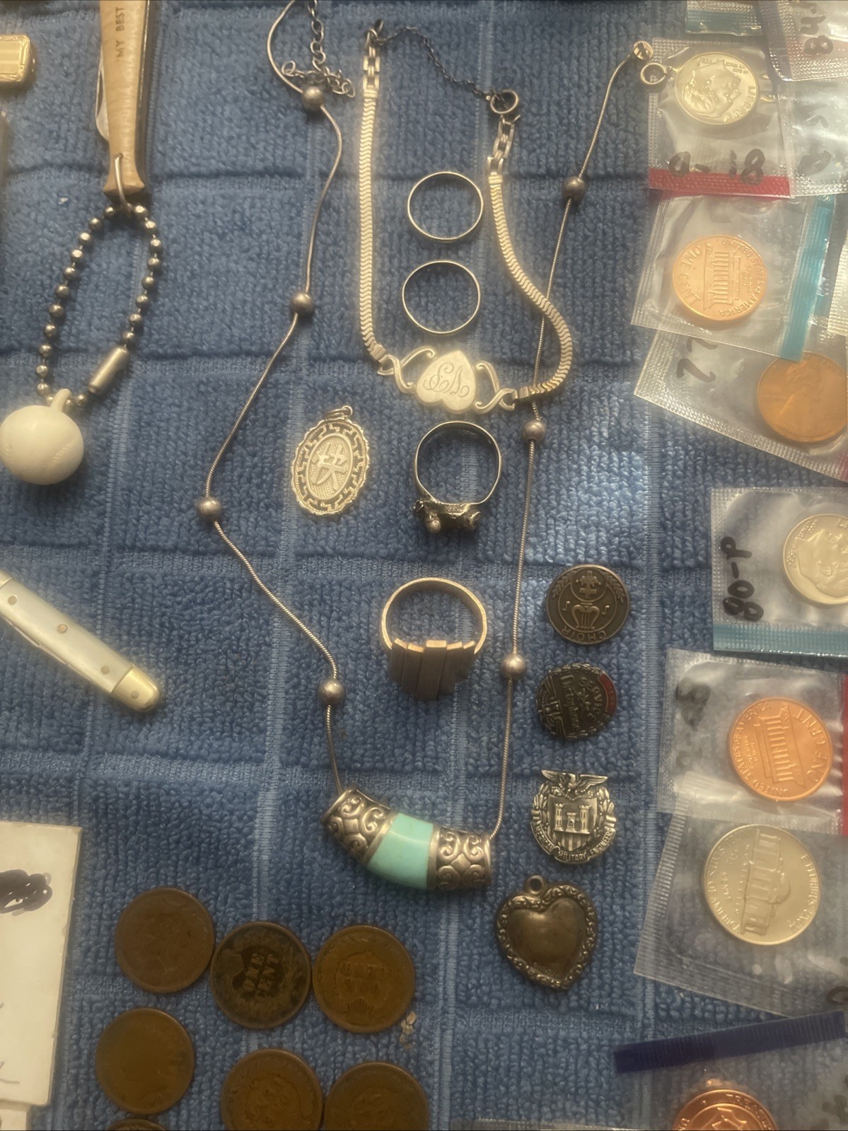 Large Lot Coins Hand full Of Sterling Silver Knives Collectables Ect