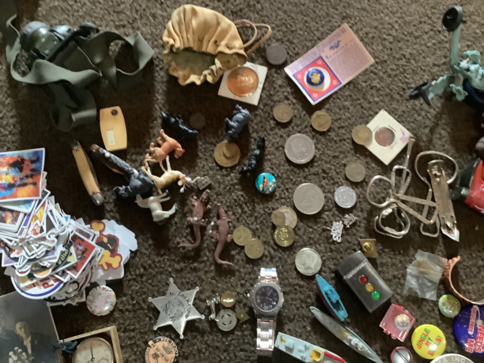 Vintage 0s junk drawer dime toys silver coin pins coins zippo knifes jewelry etc