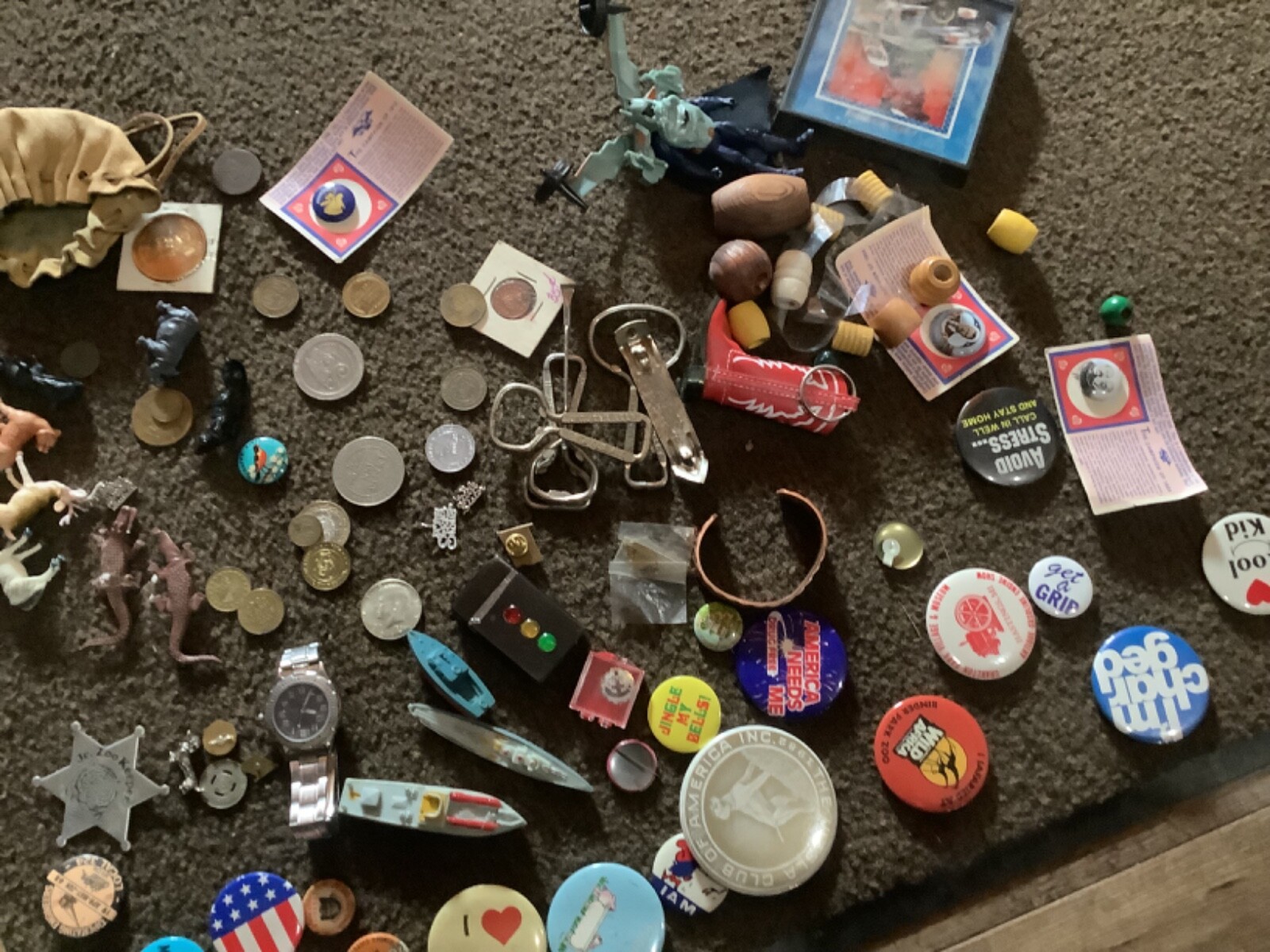 Vintage 0s junk drawer dime toys silver coin pins coins zippo knifes jewelry etc