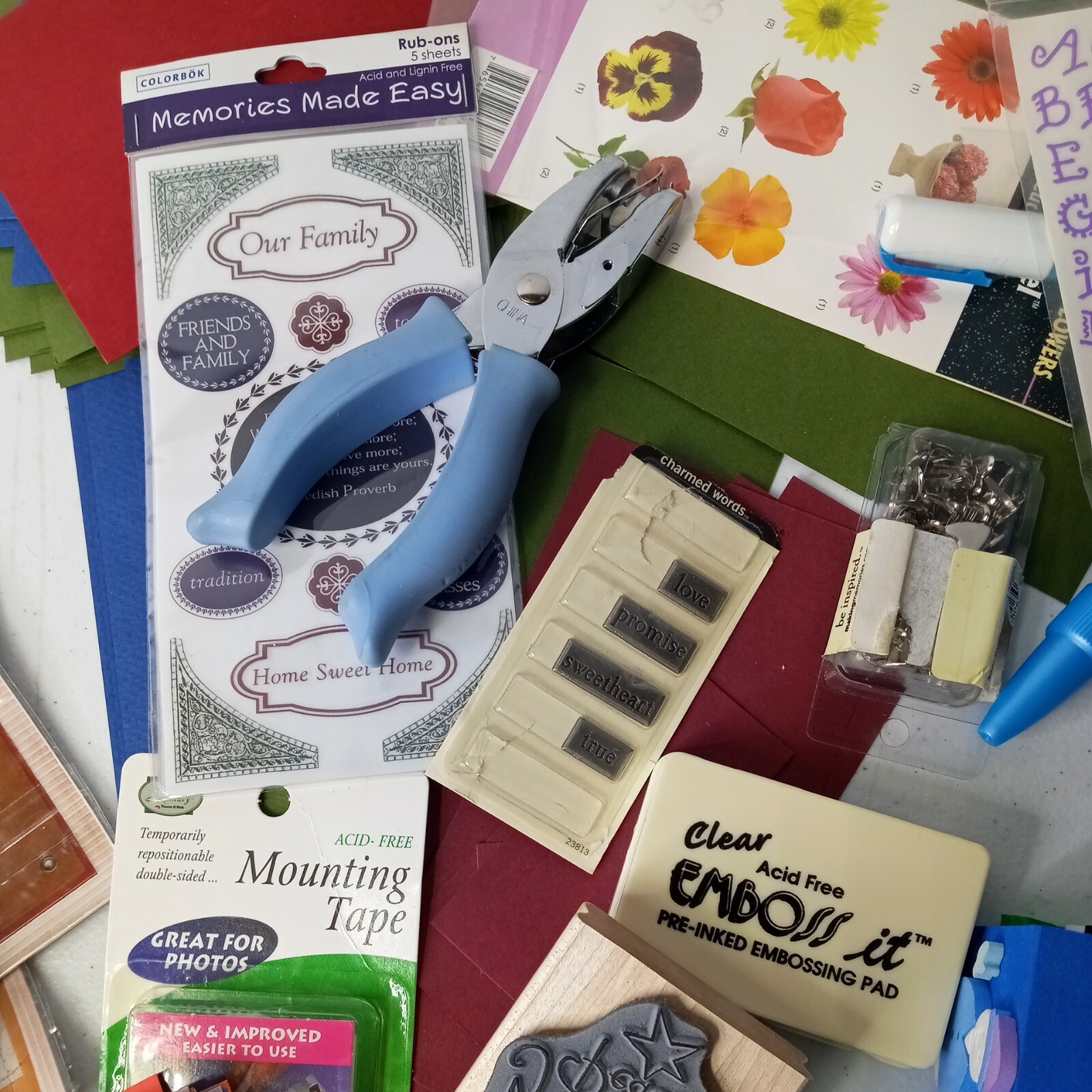 Junk Drawer Art Crafts Scraping Stickers Punchs Card Stock Rubber Stamps Lot