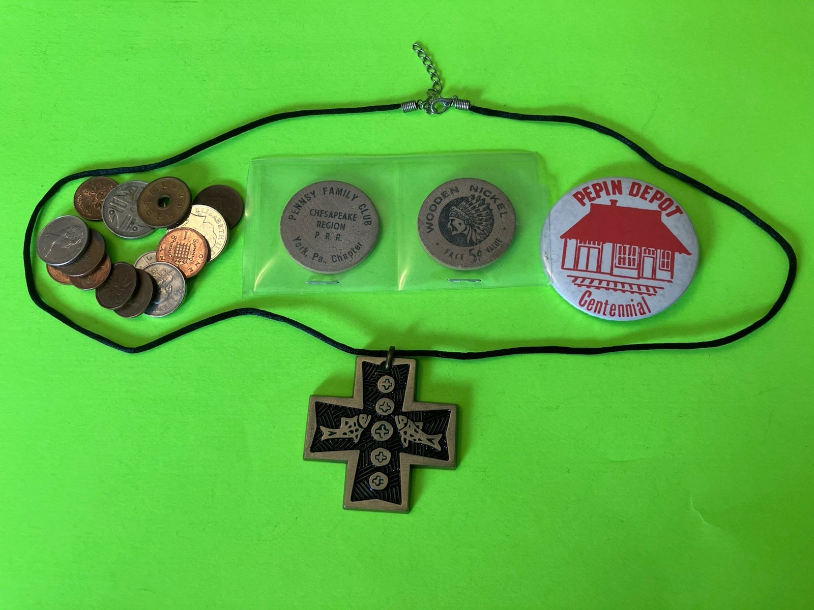 Collectible Junk Drawer Coin Lot, Fish & Loaves Pendant, World Coins. And More