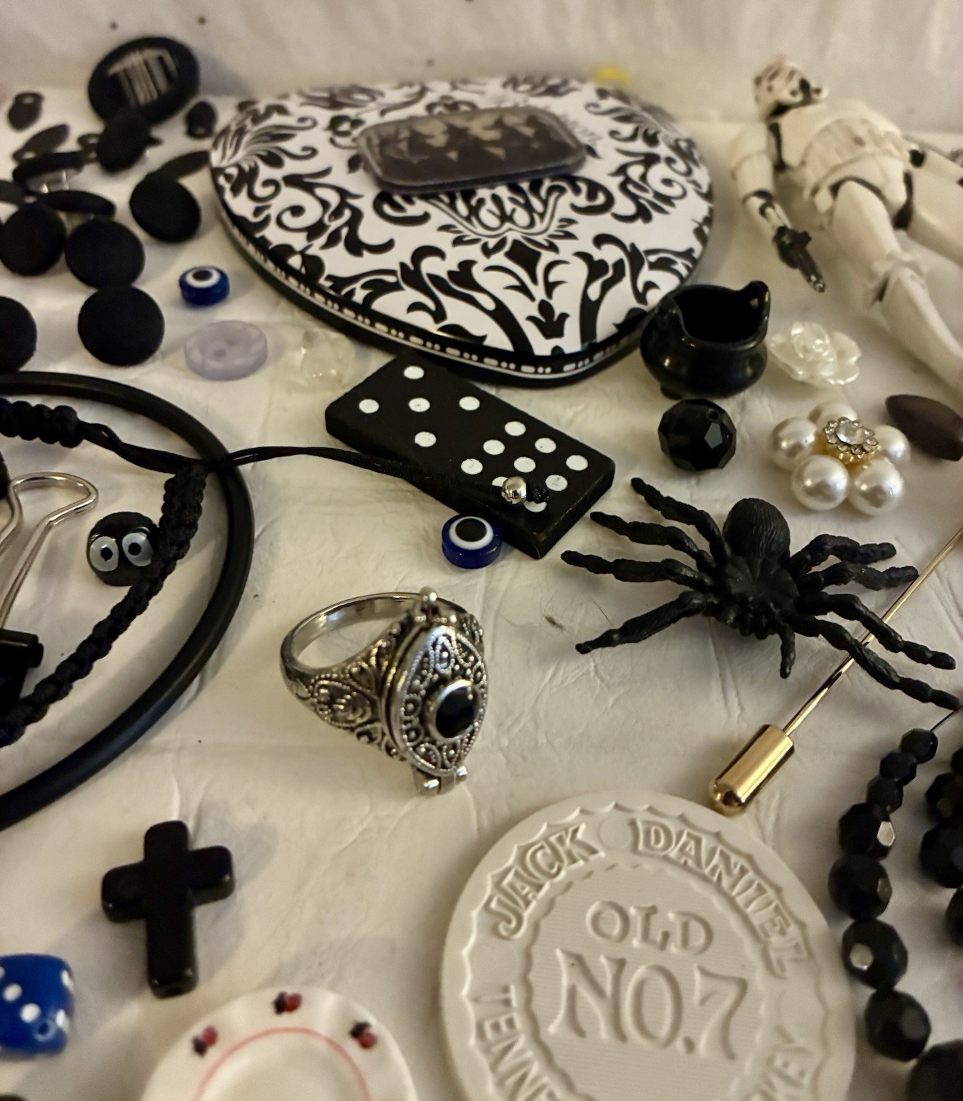 Black White Poison Ring Jewelry Charms Oddities Junk Drawer Goth Art Lot