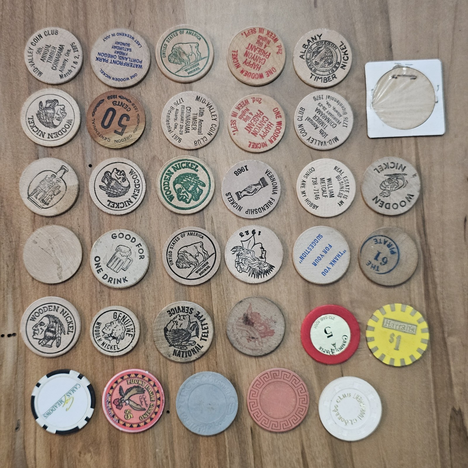 Junk Drawer Lot- Wooden Nickels, Casino Chips, Milk Cap -Washington, Oregon, Ect