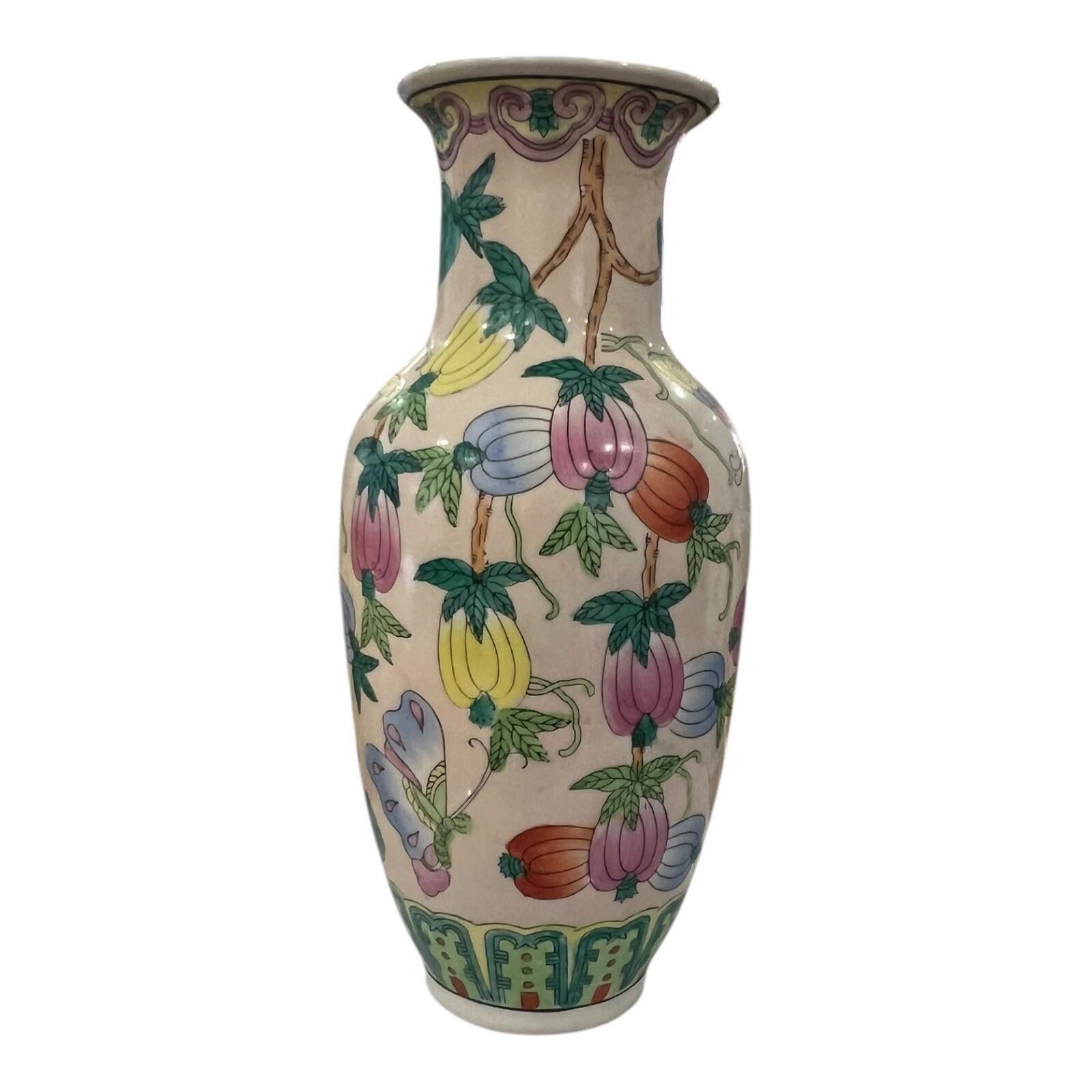 Vintage Chinoiserie Ceramic Butterfly Vase Handmade 14×6 Blue White Decor