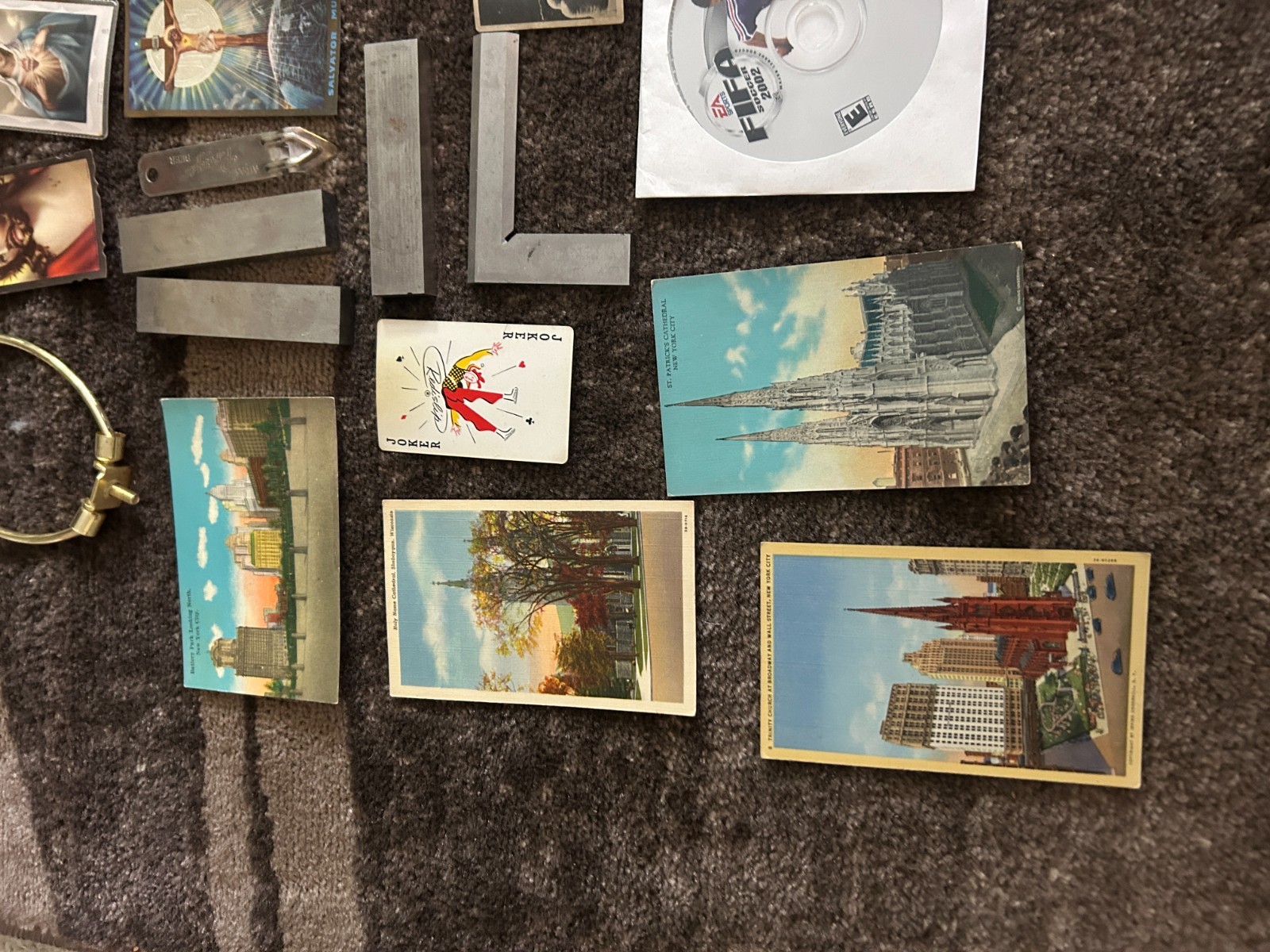 Gramps vintage Junk Drawer Lot Religious JFK Button Owl Humidity Flatware Paper