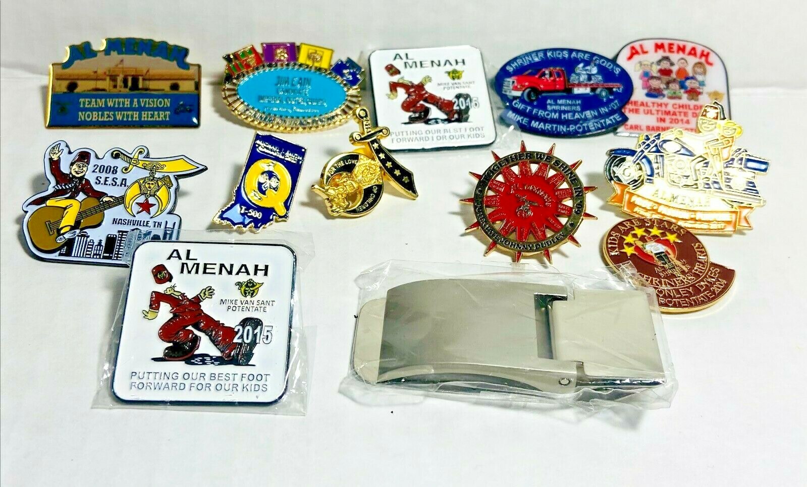 JUNK DRAWER Lot of Shriners Pins, money clip, Lapel & hat Pins-13 pieces- LILA