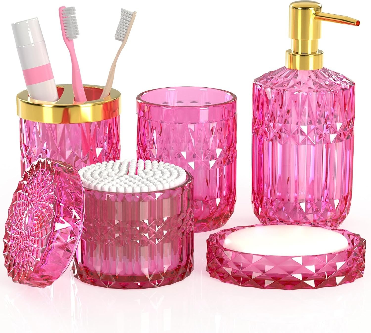 Hot-Pink Glass Bathroom Accessories Set 5 Pcs, Hot-Pink Bathroom Set, Soap …..