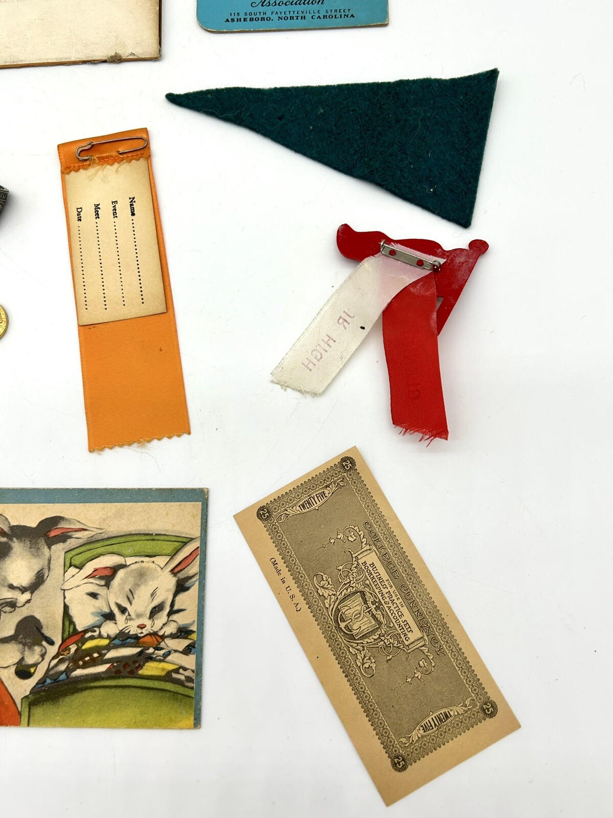Junk Drawer Of Vintage Items Cards Ribbons Pennant Ring Hat Pin Charm