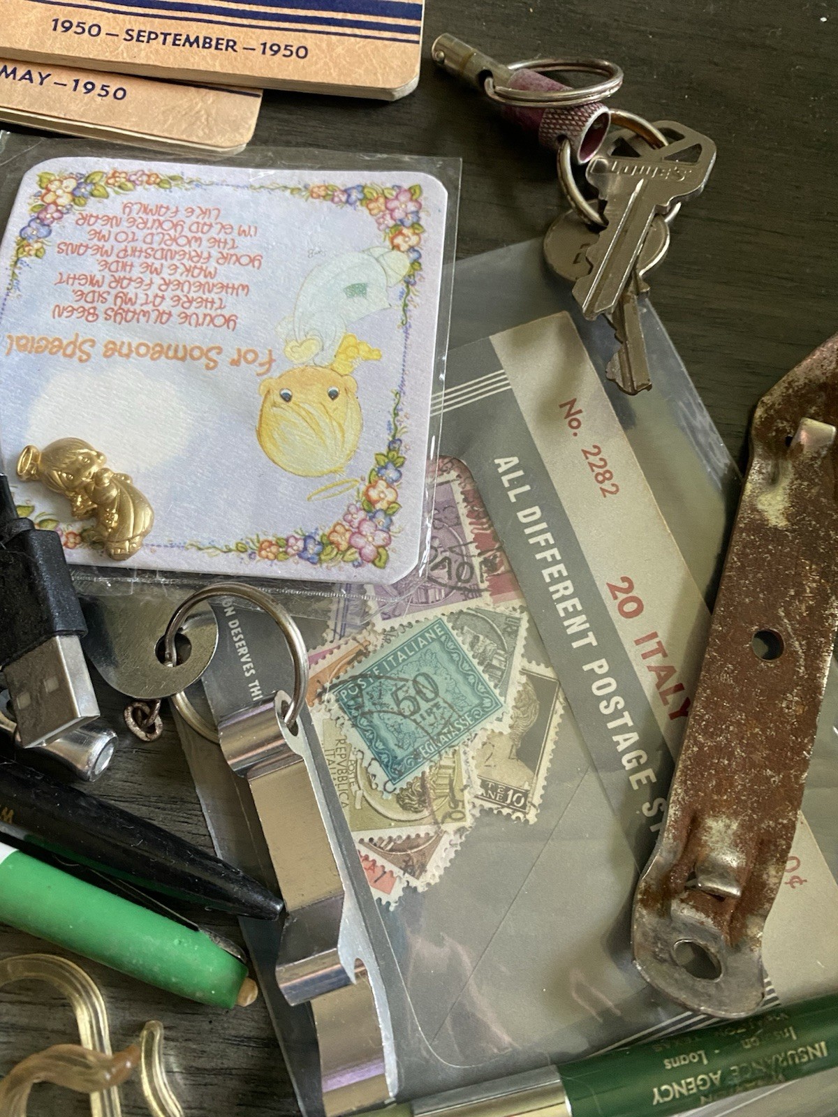 Vintage Estate JUNK DRAWER Lot Pen Knife Nada Books Metals Keys Pencils