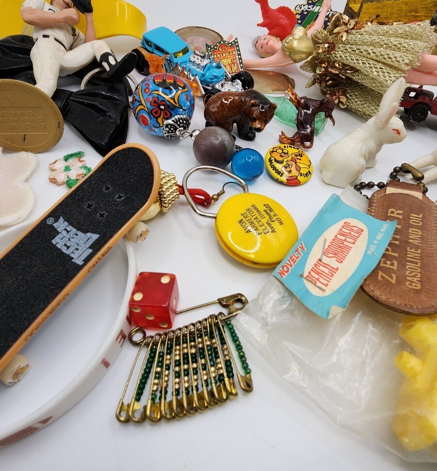 Vintage Antique Junk Drawer Lot Toys Keychain Pin Figurines Mixed Materials