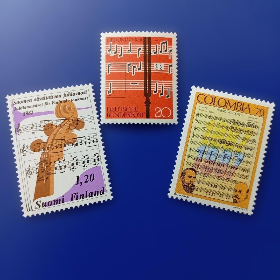 Foreign stamps, multiple countries, music and sheet music designs, 7 types of
