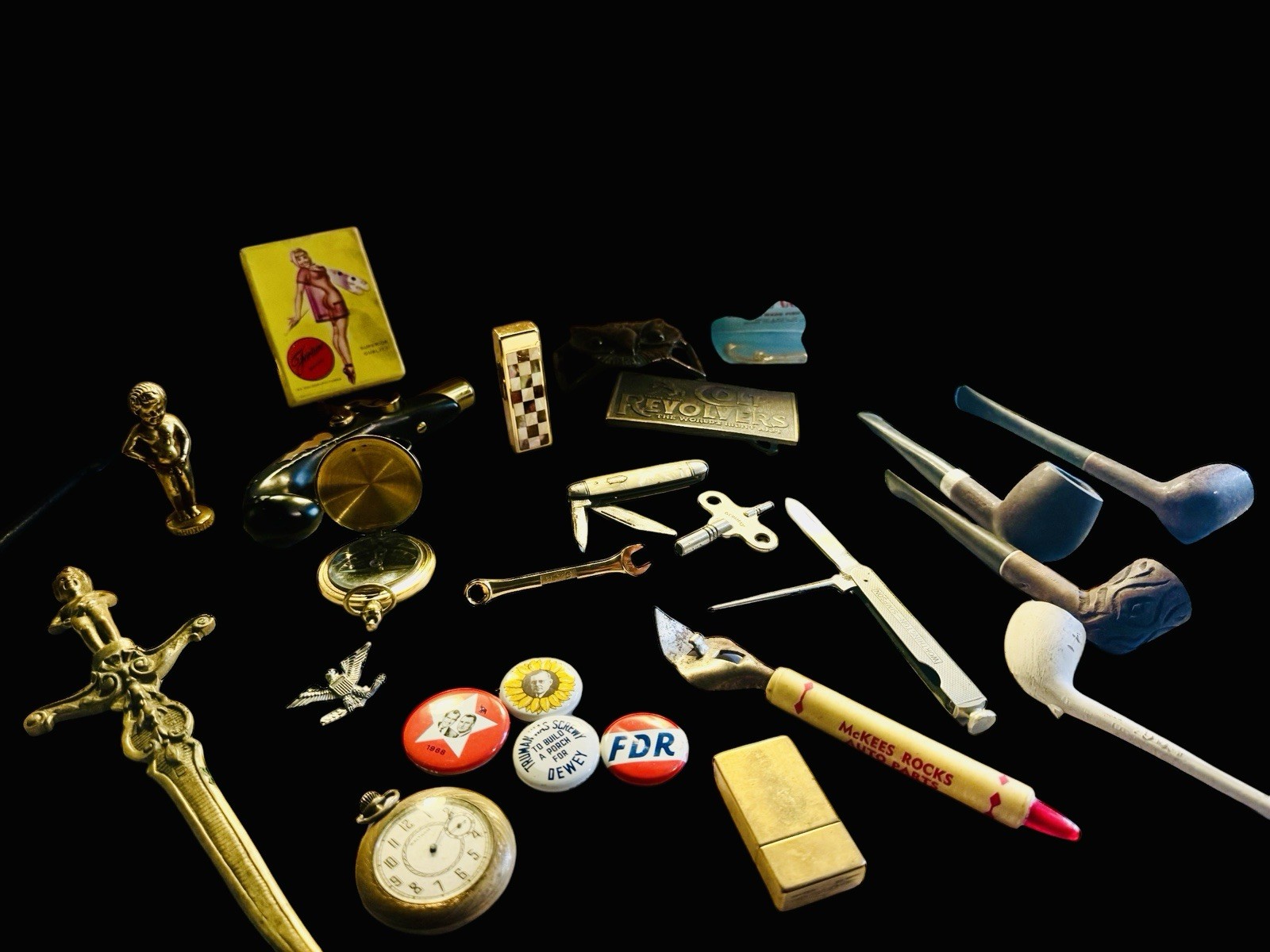 Gentleman’s 24 Pc Lot VTG WW2 Collectibles Pipes Knives Waltham Lighter & More!