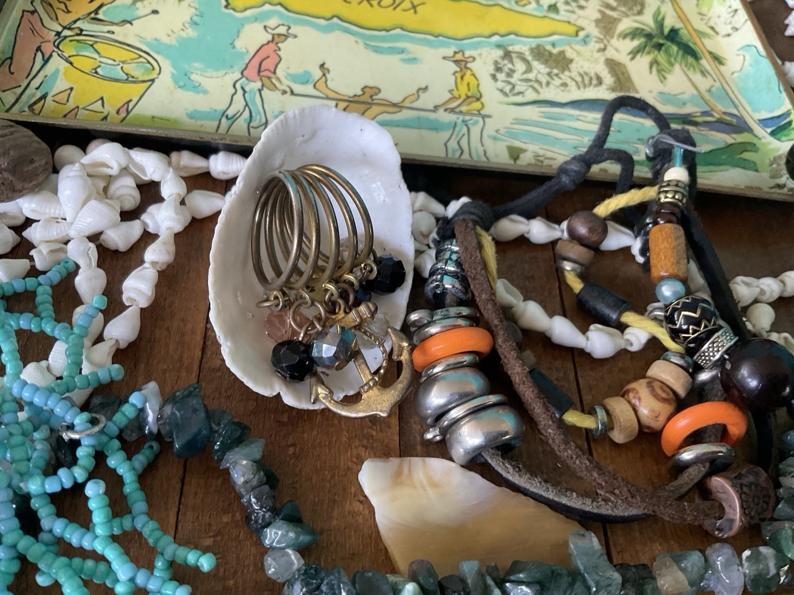 Vintage junk drawer LOT Island Caribbean Souvenirs Jewelry Doll stones coins