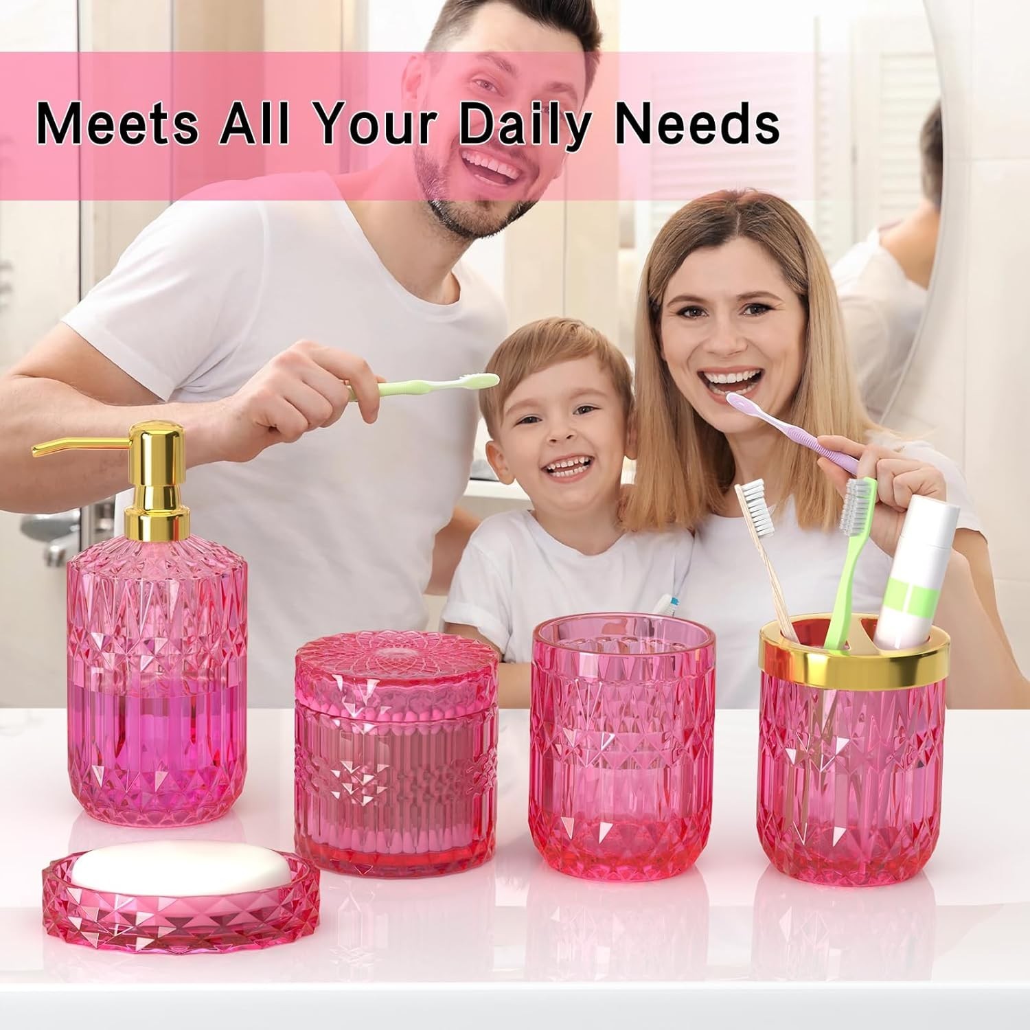 Hot-Pink Glass Bathroom Accessories Set 5 Pcs, Hot-Pink Bathroom Set, Soap …..