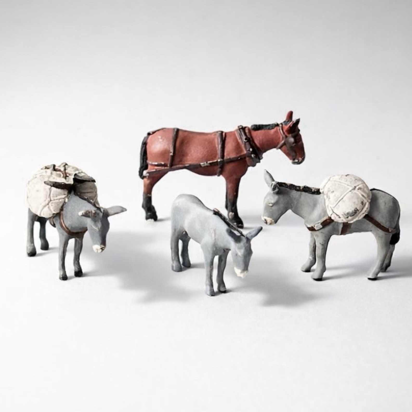 Lot of 4 Metal Miniature Donkeys Pack Mules O Scale 1:48 Diorama Pewter