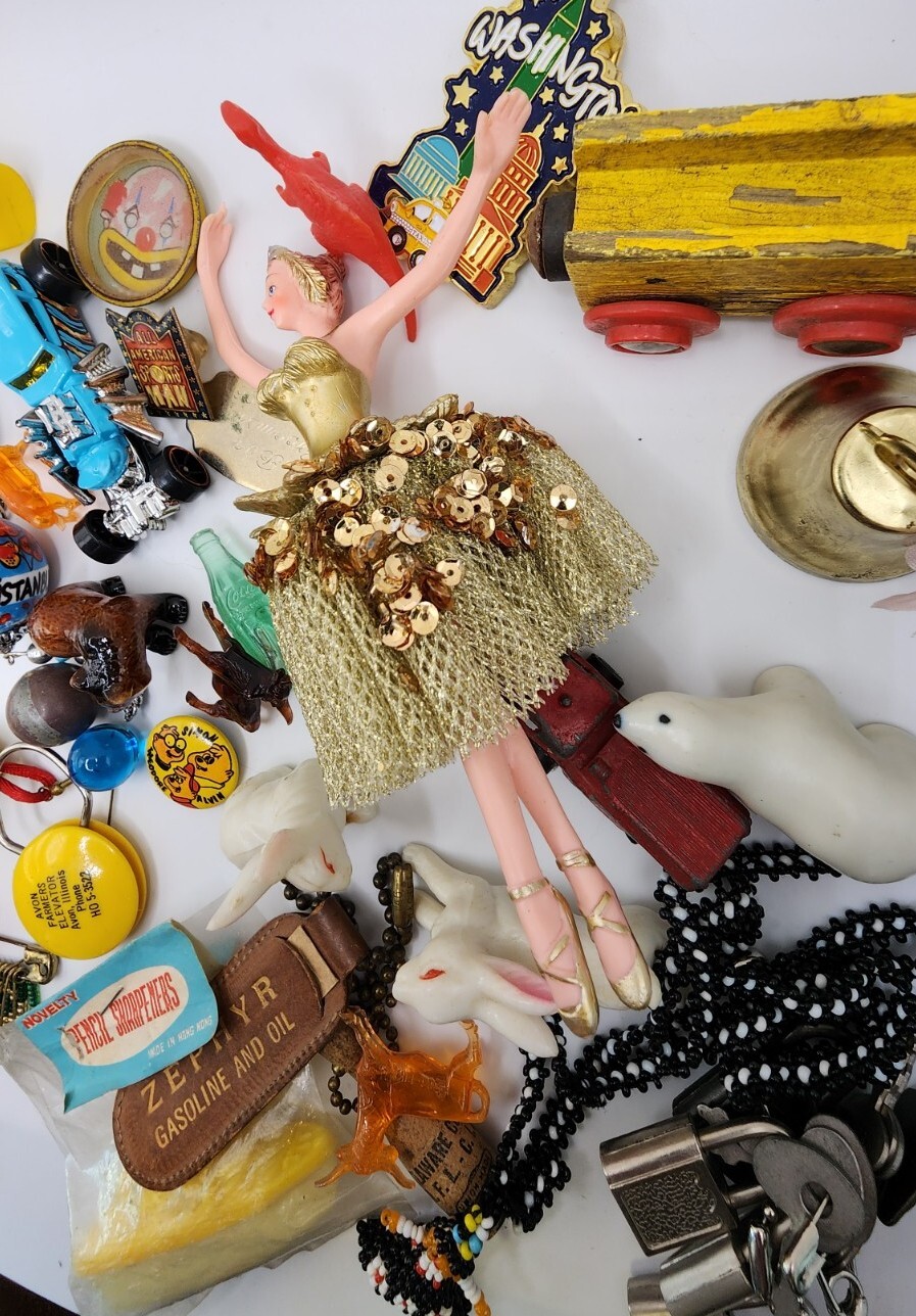 Vintage Antique Junk Drawer Lot Toys Keychain Pin Figurines Mixed Materials