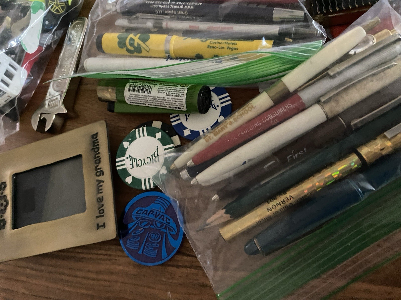 Vintage Estate JUNK DRAWER Lot Advertising Pens Lighters Toys Dice