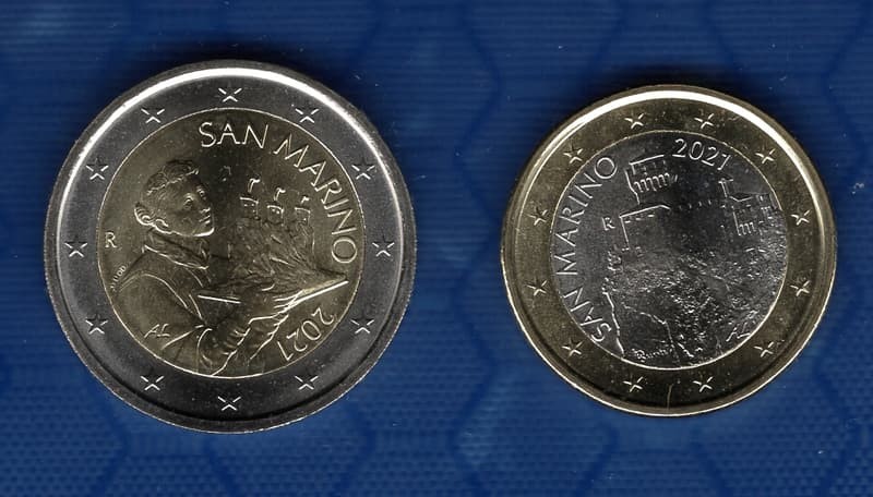 San Marino 2021 2 coins set ，1 ,2 EURO，UNC Bimetal