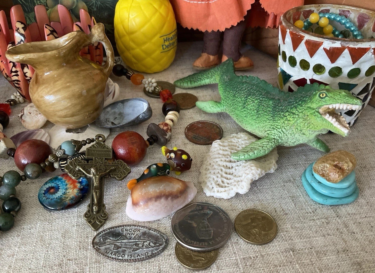 Vintage junk drawer LOT Island Caribbean Souvenirs Jewelry Doll stones coins