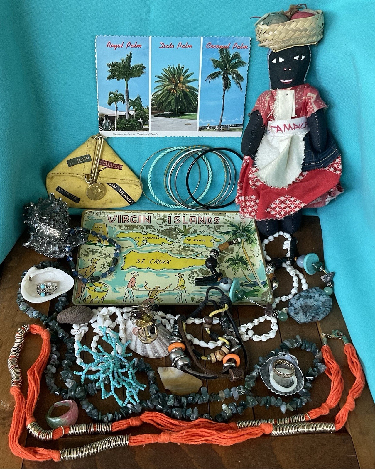 Vintage junk drawer LOT Island Caribbean Souvenirs Jewelry Doll stones coins