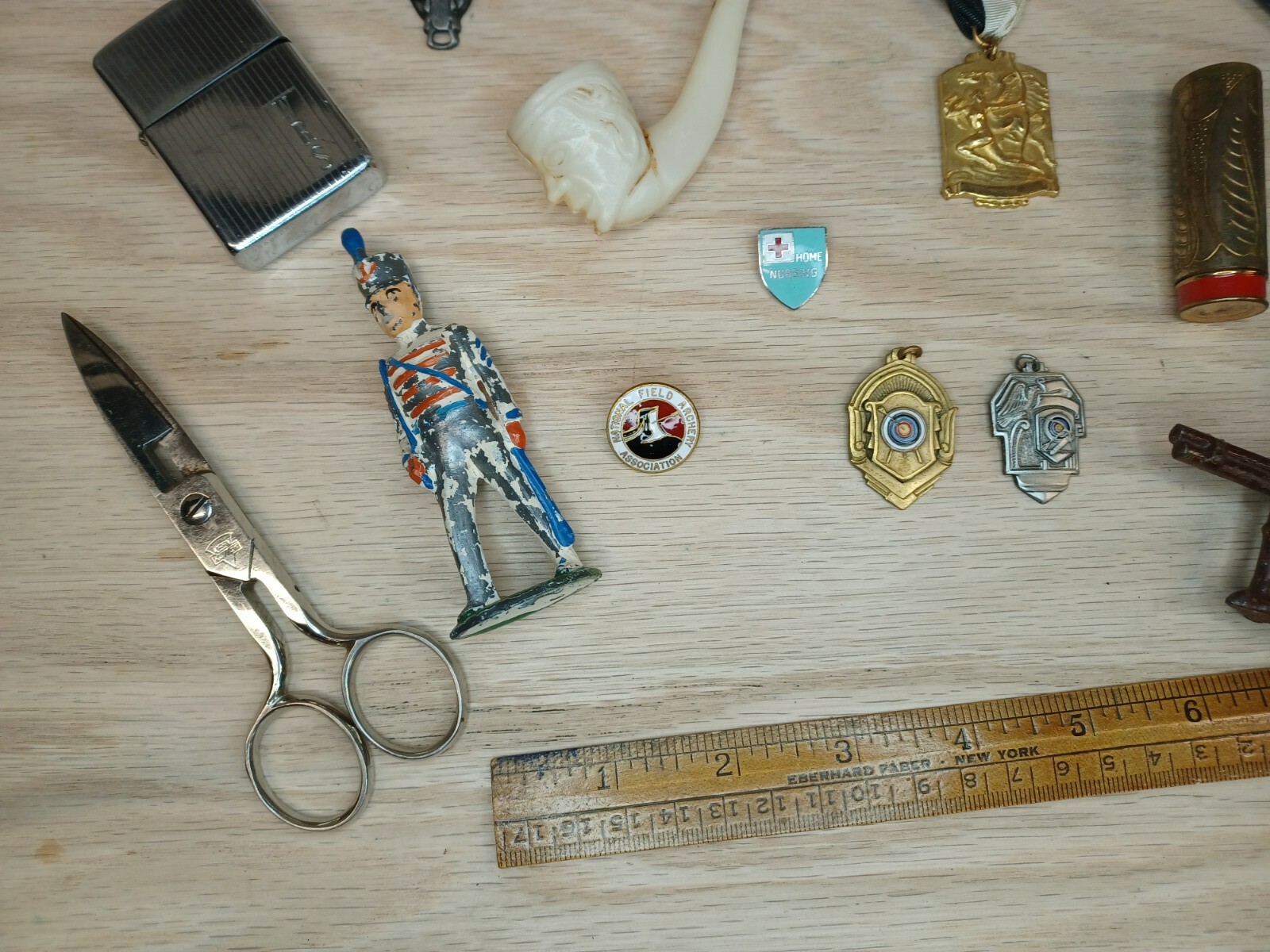 Vintage Junk Drawer Lot Toys Awards Scissors Zippo Pipe