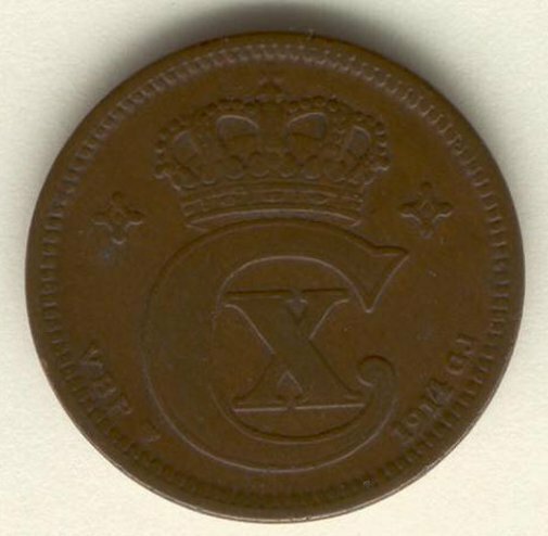 Coin D25 Denmark 1914 yr 5 ores KM814 Bronze 8g 27mm King Christian X