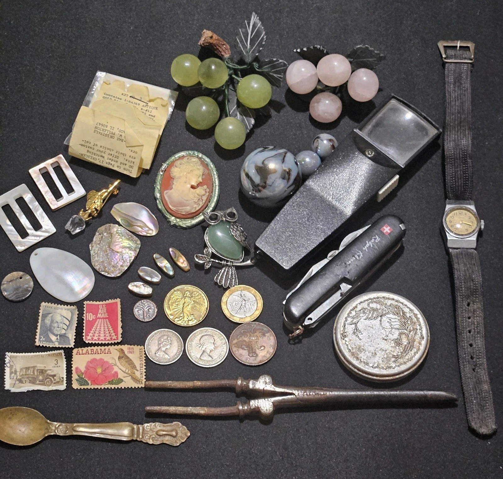 Vintage Junk Drawer Lot, Stamps, Coins, Swiss Knife, Swarovski, Marbles & More