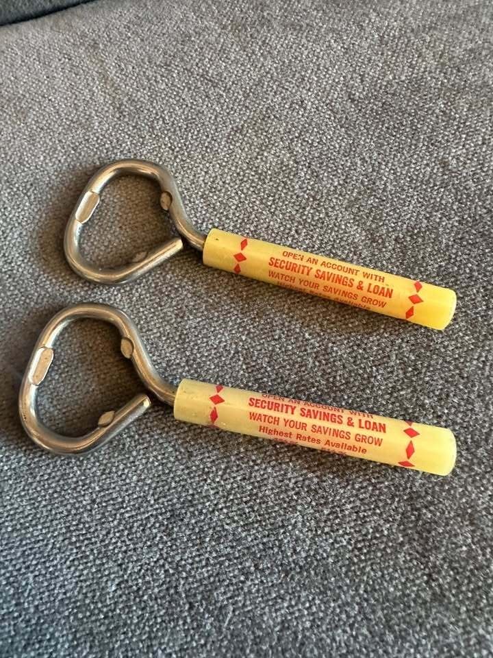 SET OF 2 Vintage Security Savings & Loan Advertising Bottle Opener Yellow Handle