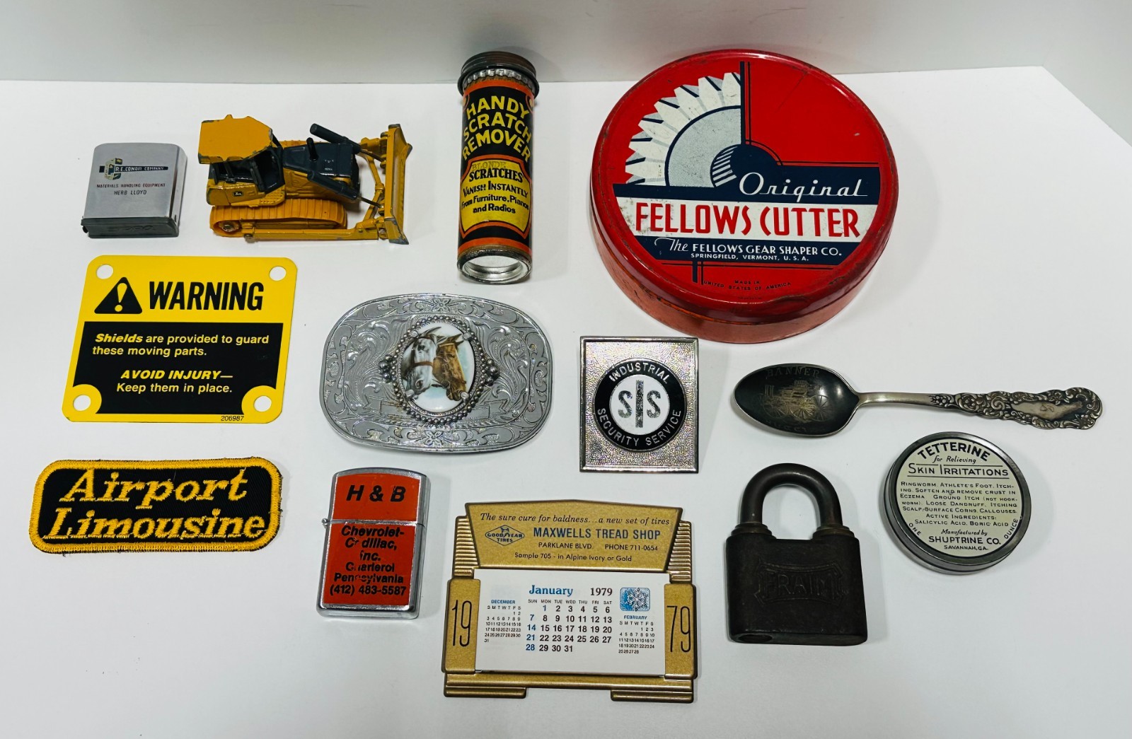 Vtg Advertising junk drawer lot lighters tins buckle badge zippo collectible