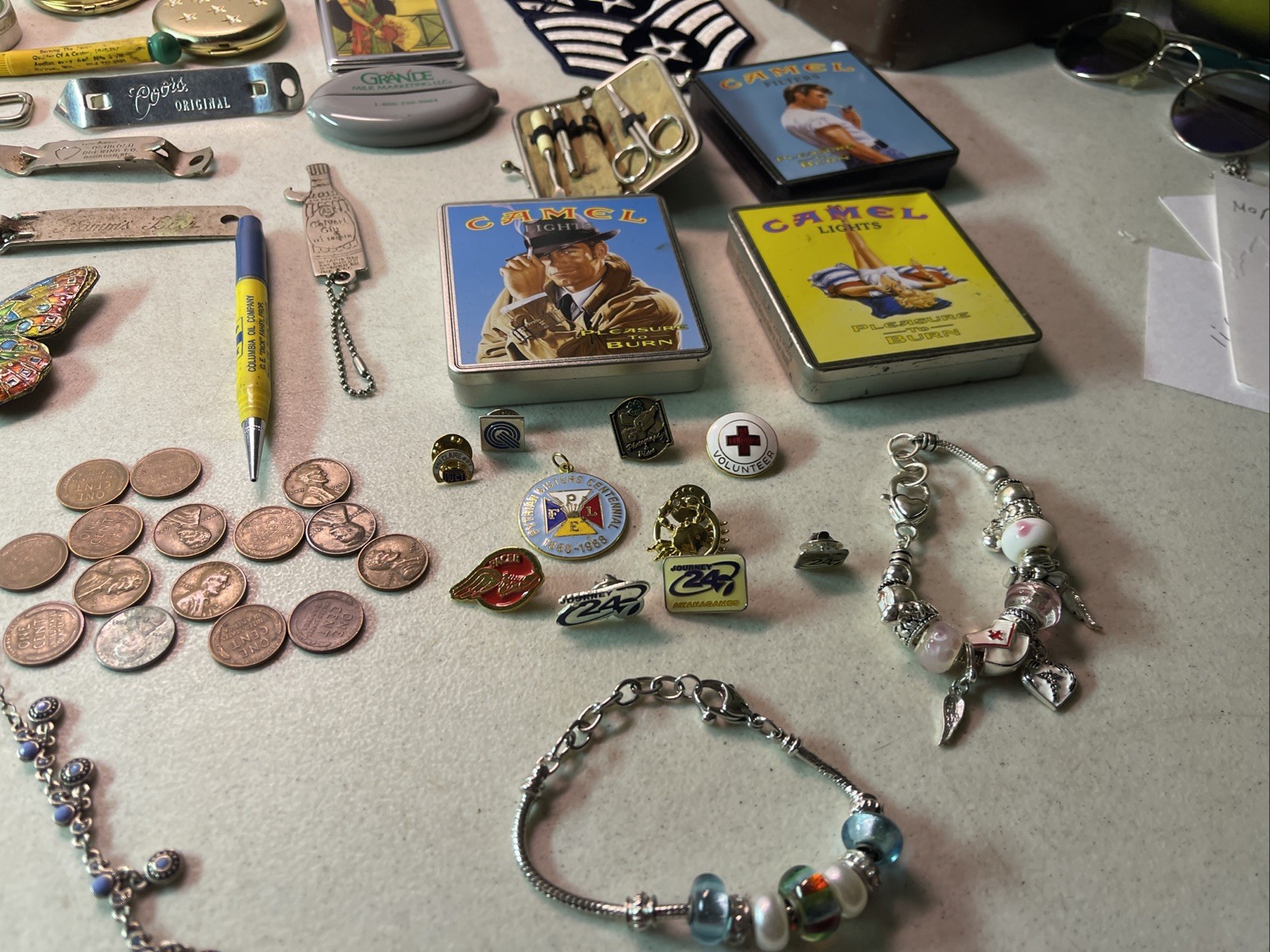 VINTAGE JUNK DRAWER LOT KNIVES, HARMONICA JEWELRY ADVERTISING SCOUTS WHEAT PENNY