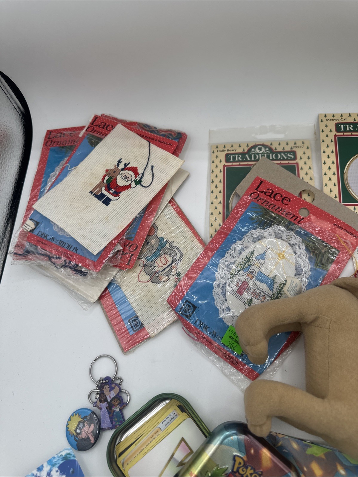 Junk Drawer Lot Miscellaneous VTG Cross Stitch Pokemon Cards Xmas Friends Naruto