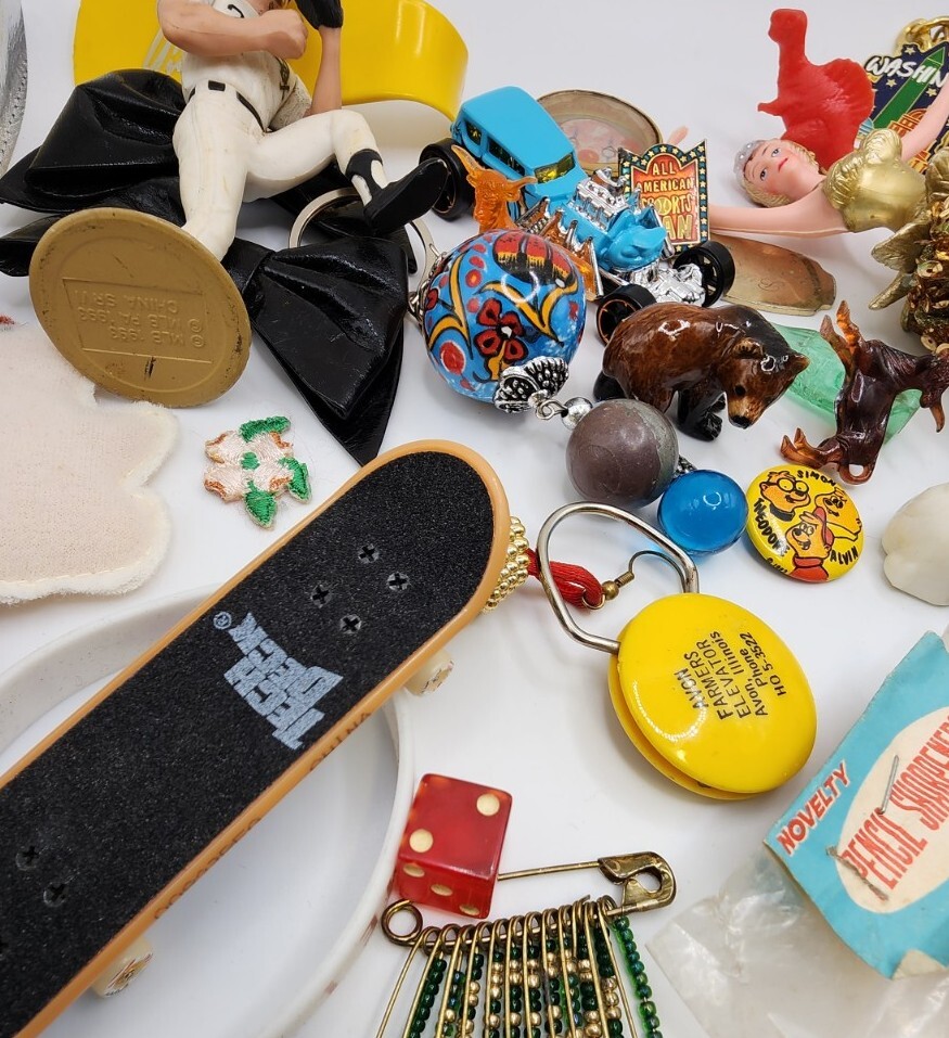 Vintage Antique Junk Drawer Lot Toys Keychain Pin Figurines Mixed Materials