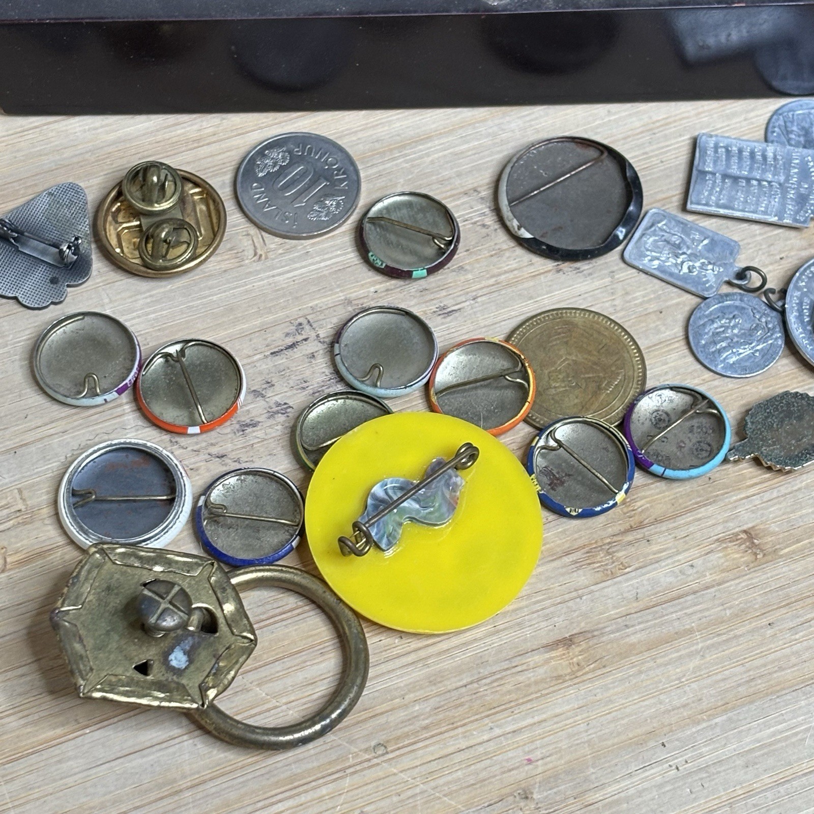 Vintage Junk Drawer Lot – Retail Clerks Union Pins Religious Key Dice Thimble