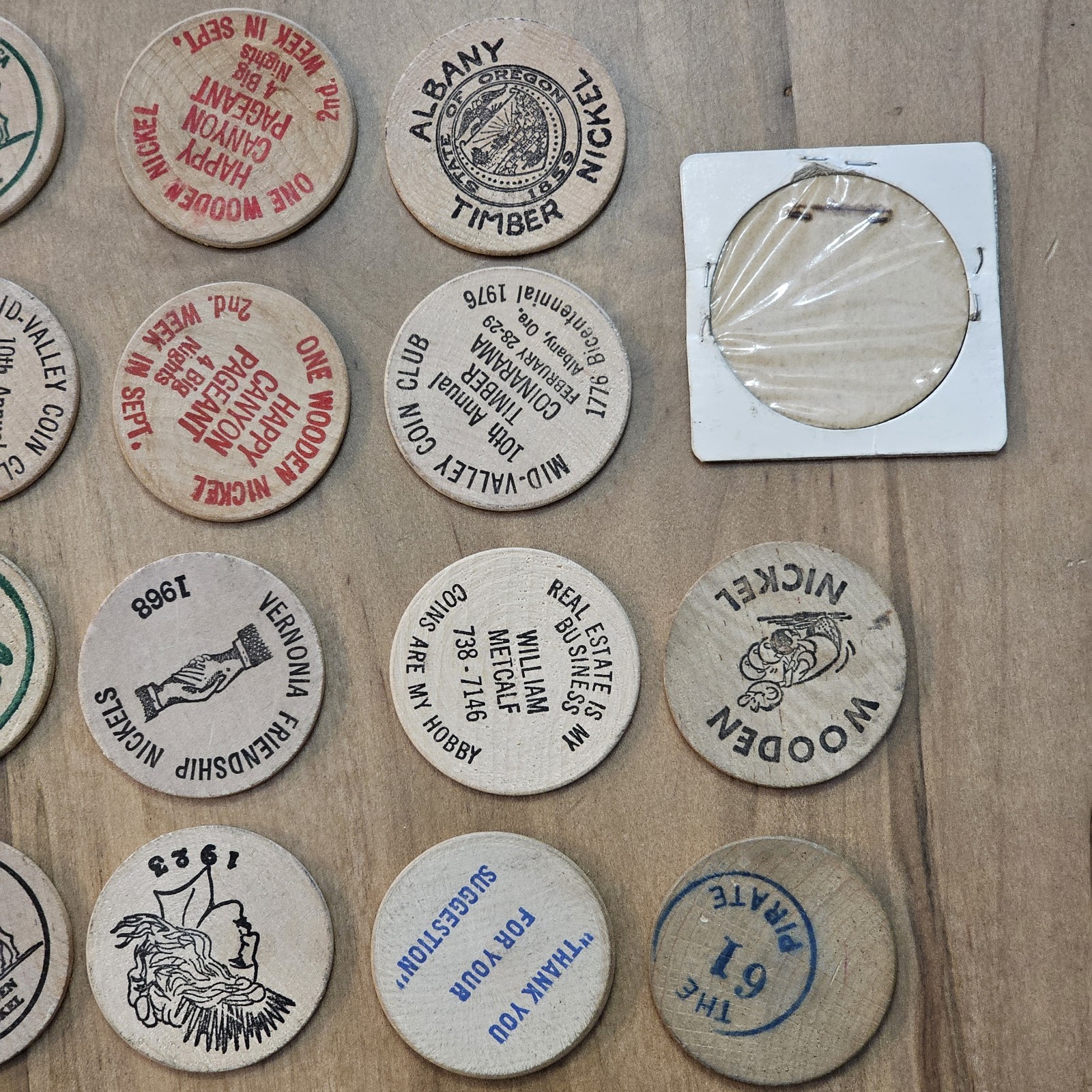 Junk Drawer Lot- Wooden Nickels, Casino Chips, Milk Cap -Washington, Oregon, Ect