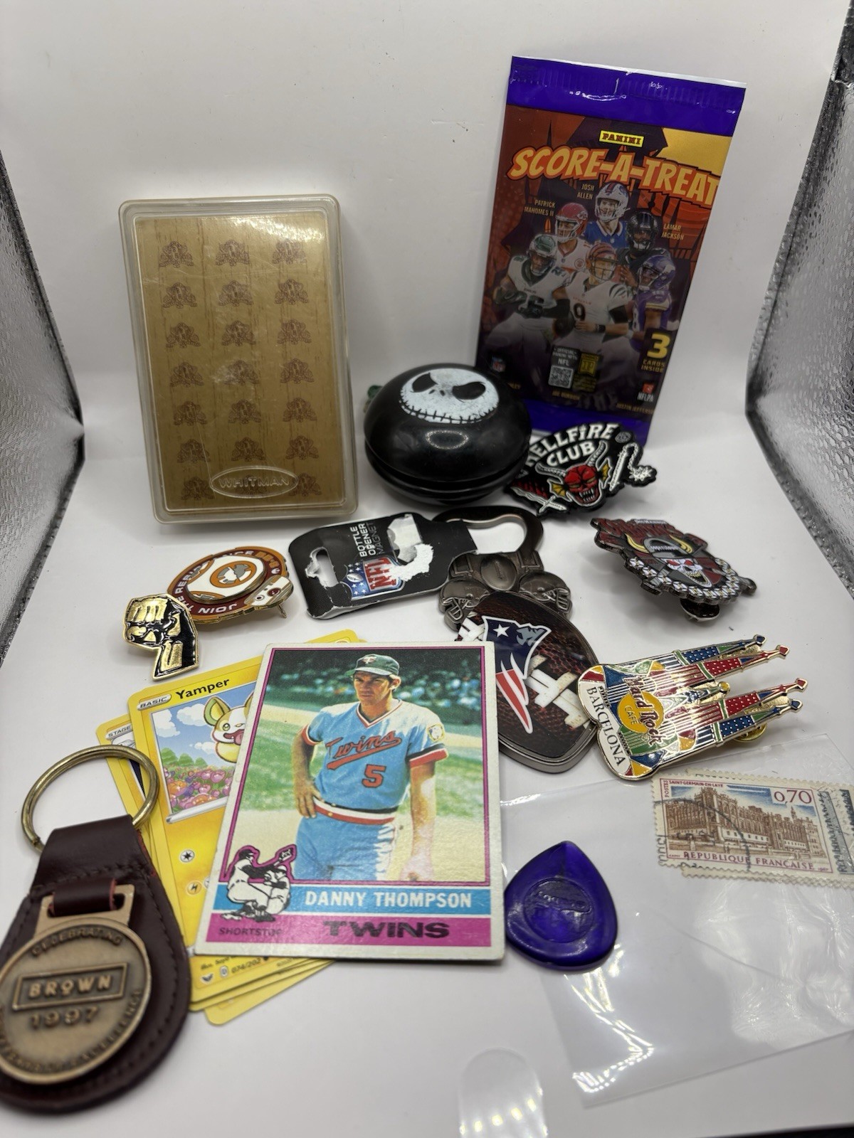 Vintage Junk Drawer Lot Pins Patches Cards Stamps NFL Pokémon Ephemera