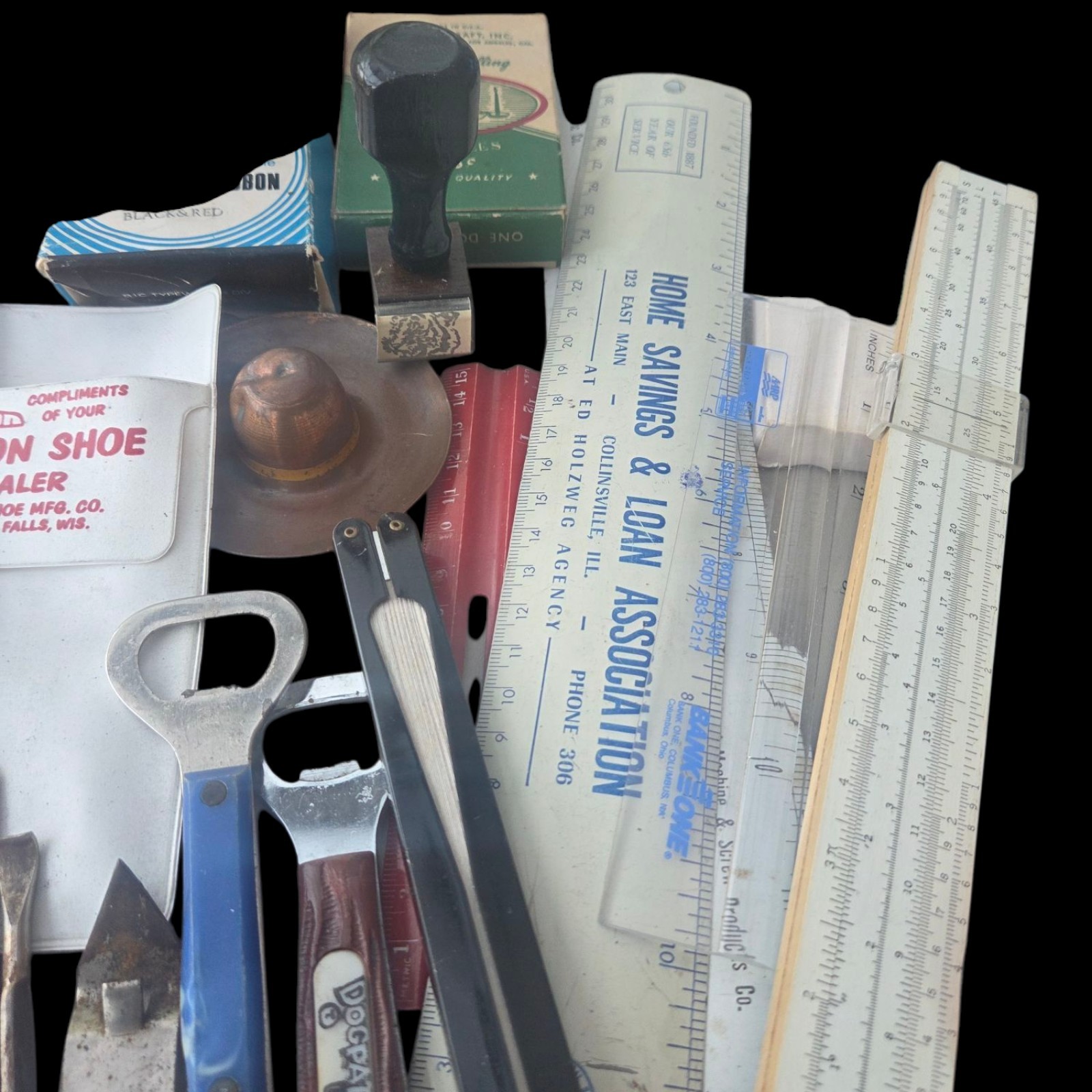 Vtg Junk Drawer Grandpas Desk Lot of Advertising Rulers Bottle Openers Keychains