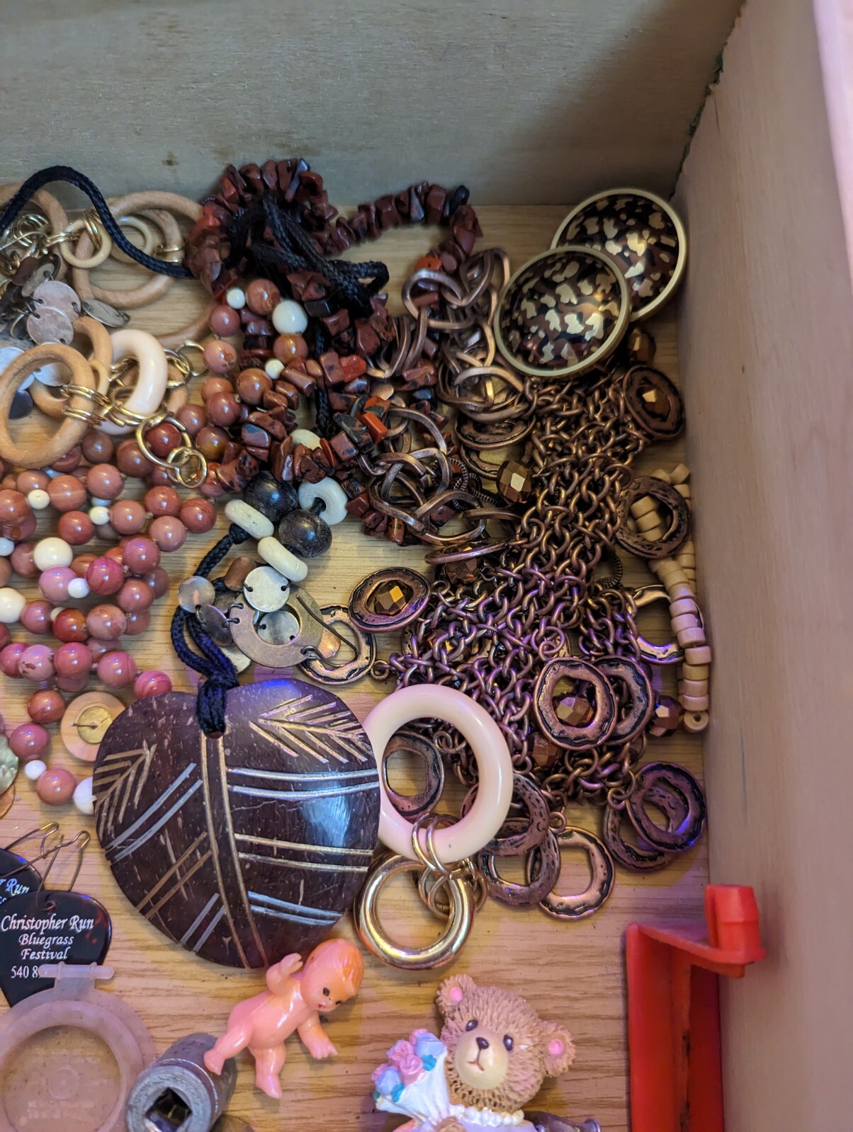 Junk drawer lot Vintage SODA LIDS unidentified BROWN BEIGE TAN JEWELRY mini toys