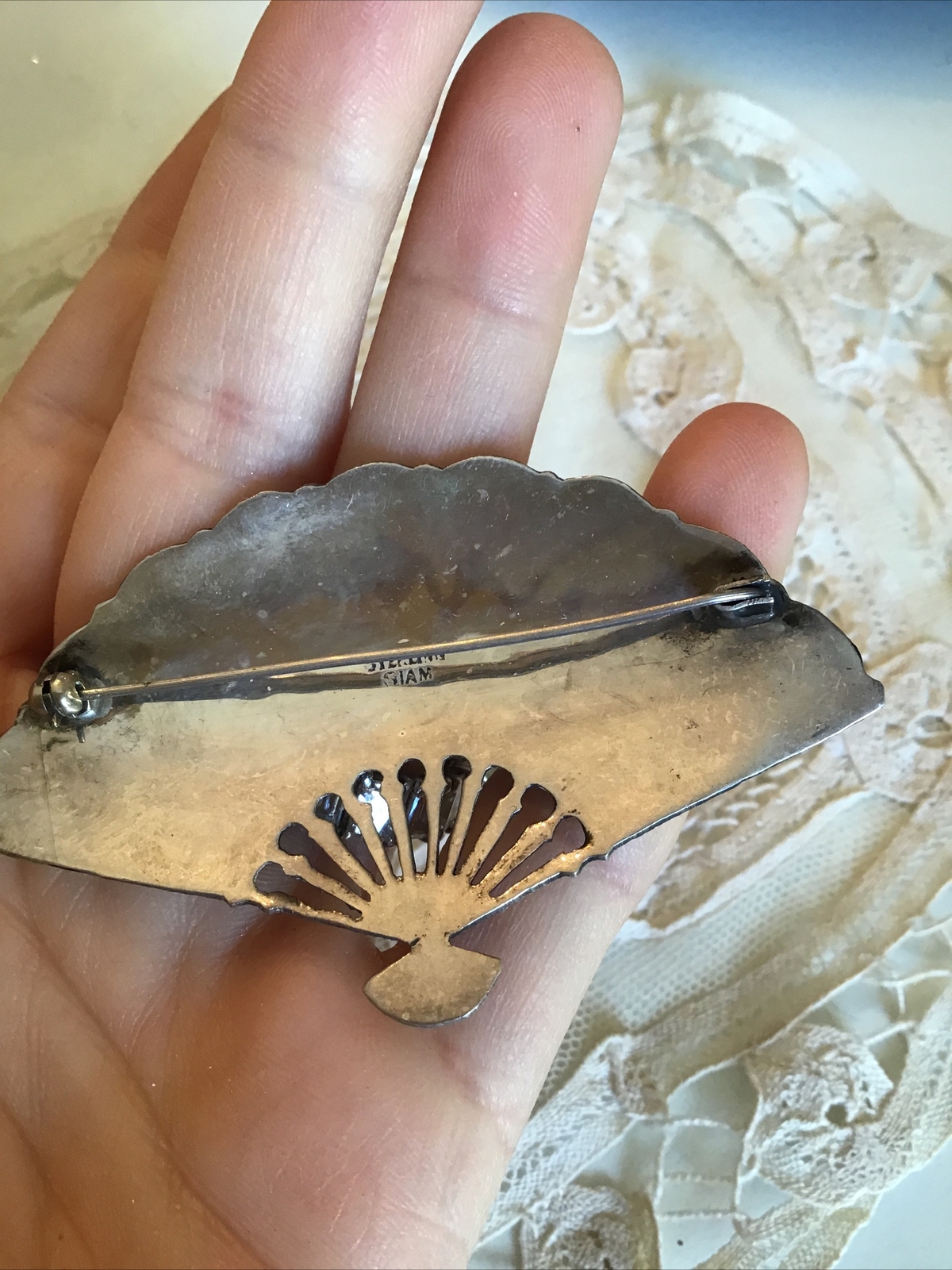 Vtg Large Sterling Siam Fan Pin 3” Wide