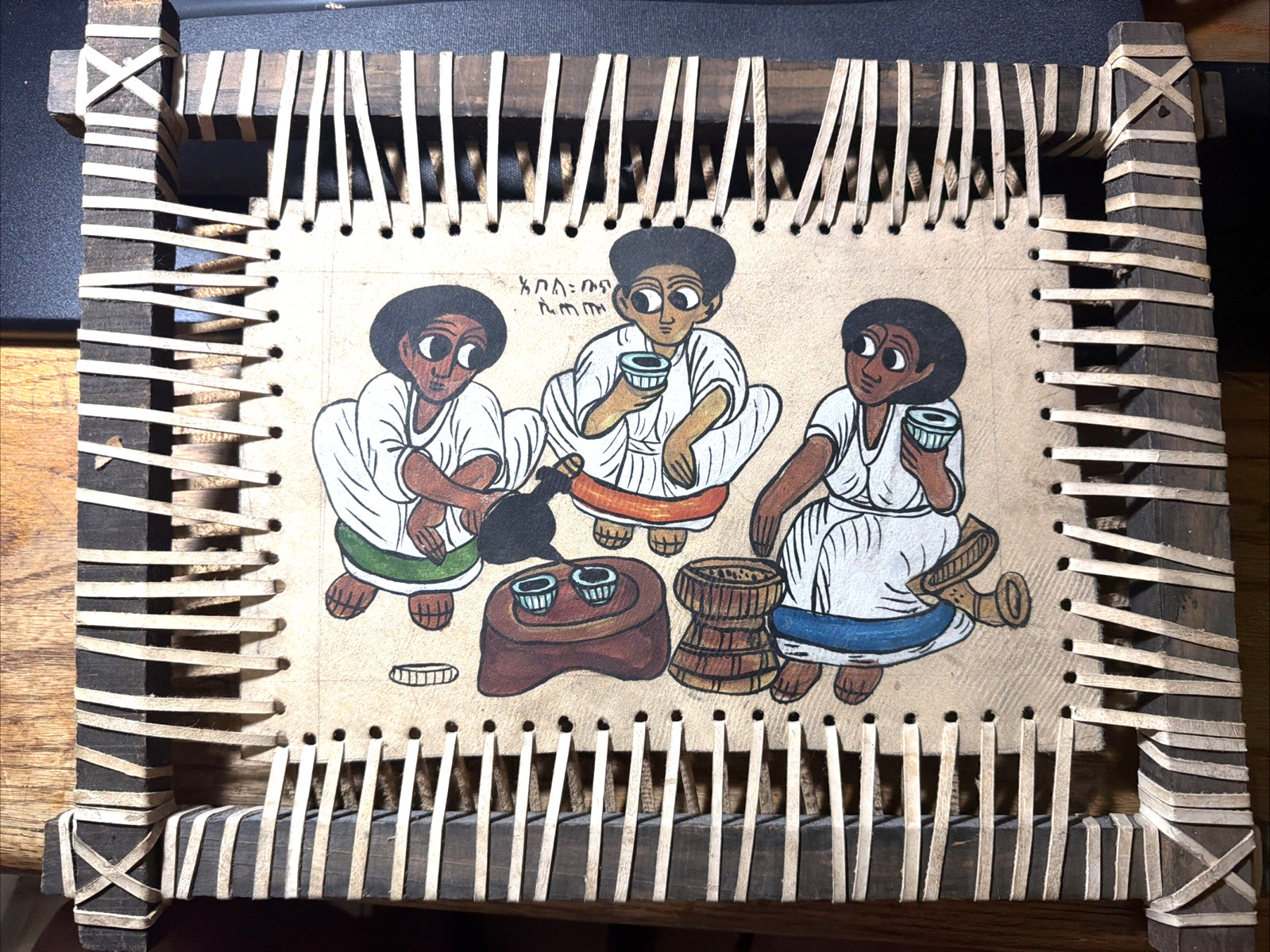 Ethiopian Folk Art Hand-Painted on Leather 13×17 Traditional Wooden Frame Box 2