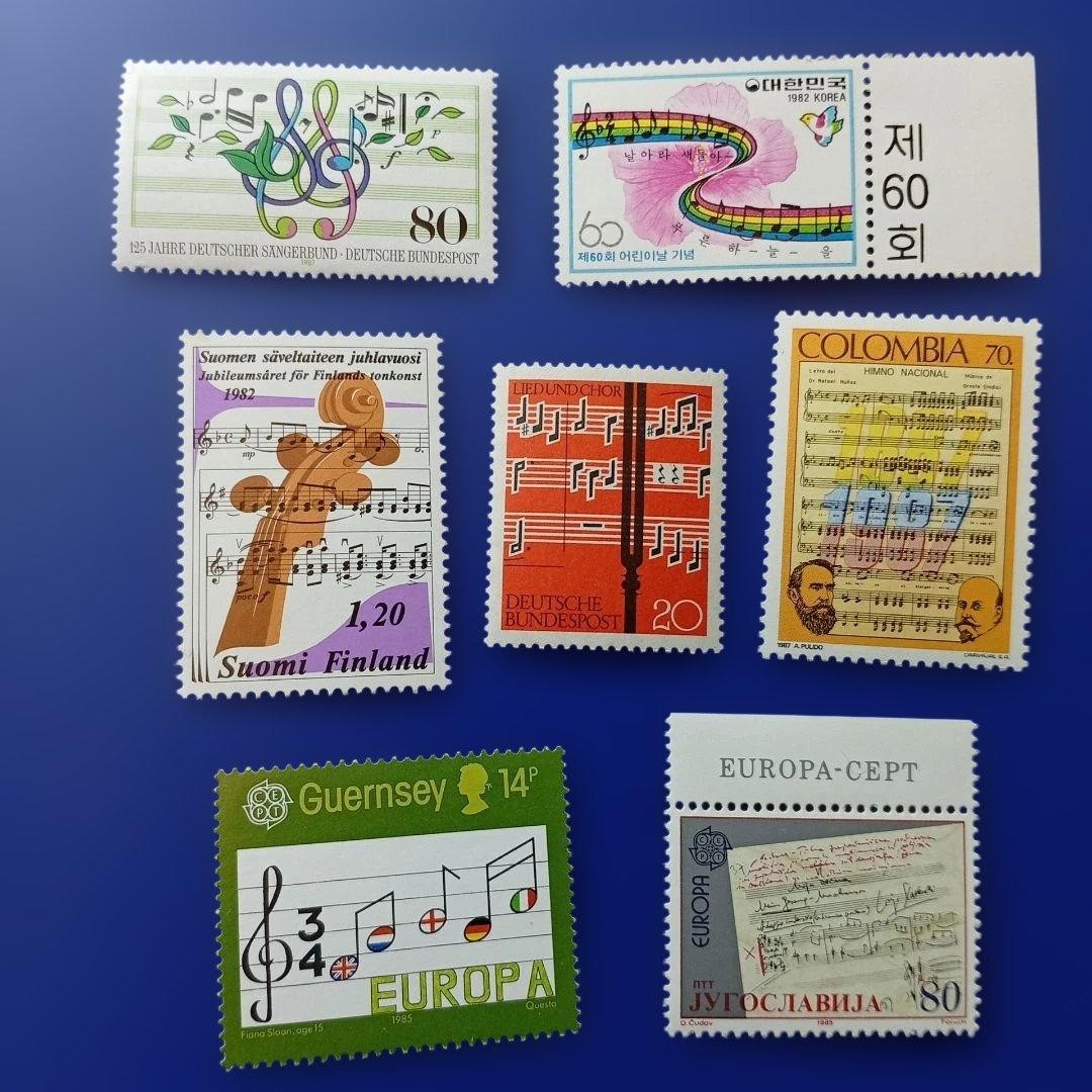 Foreign stamps, multiple countries, music and sheet music designs, 7 types of