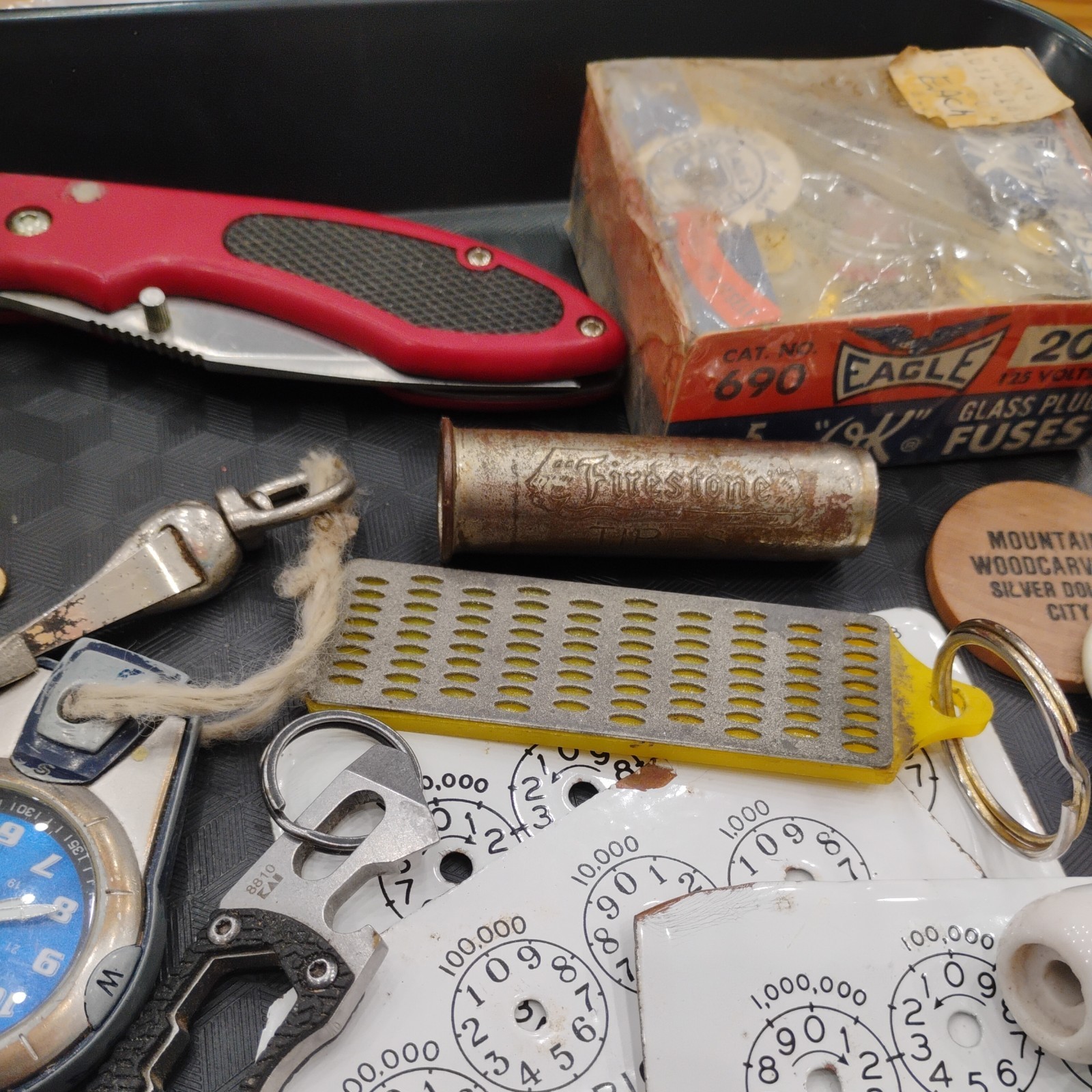 Grandpa’s Junk Drawer Knife , key chains, Watch, Pins, office, bottle openers +