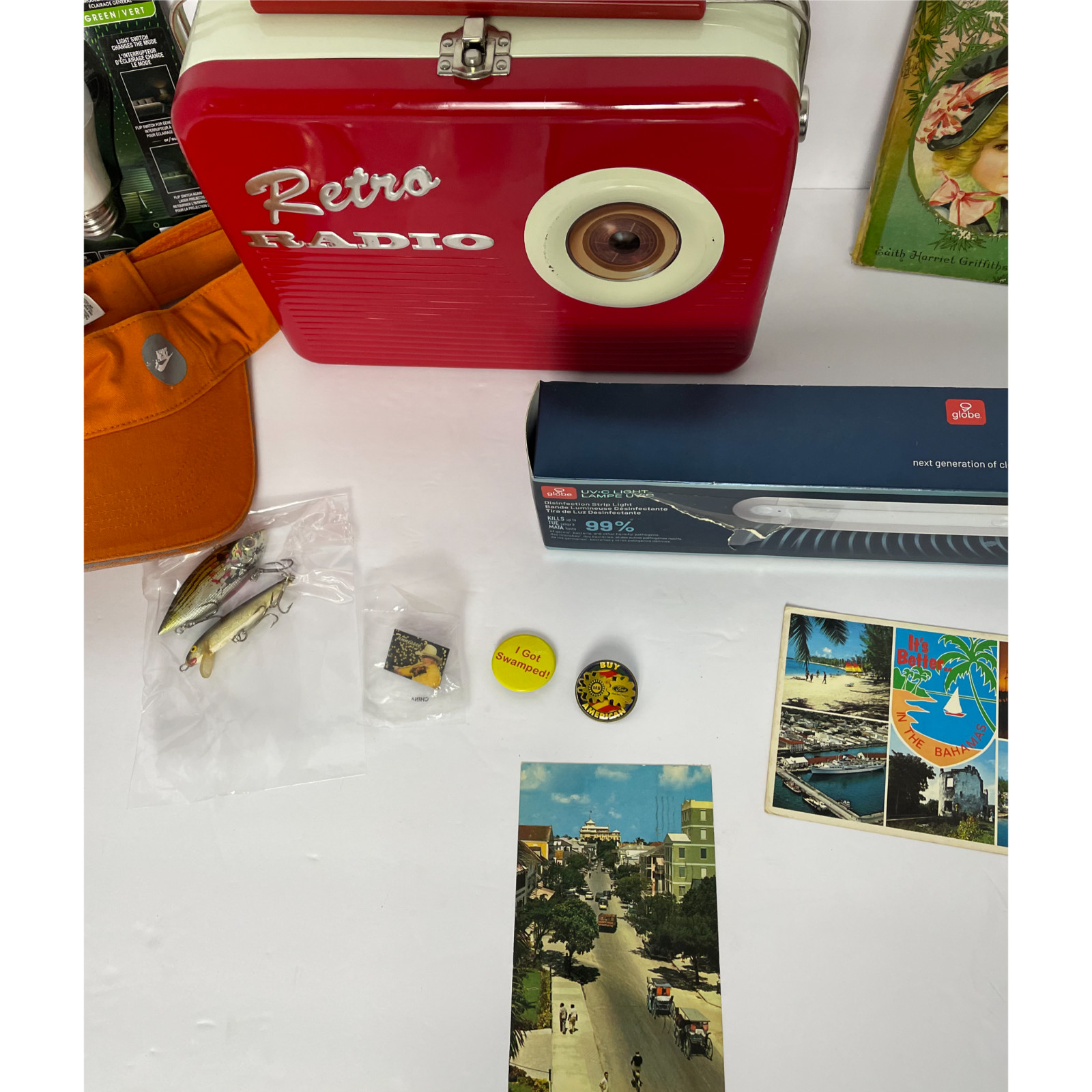 Vintage Collectible Junk Drawer Lot Retro Radio Lunch Box Nike Visor Pins Lures