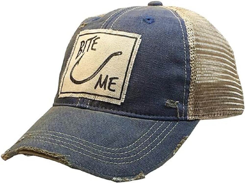 VINTAGE LIFE Distressed Baseball Cap Funny Trucker Hat Unisex Bite Me Royal Blue